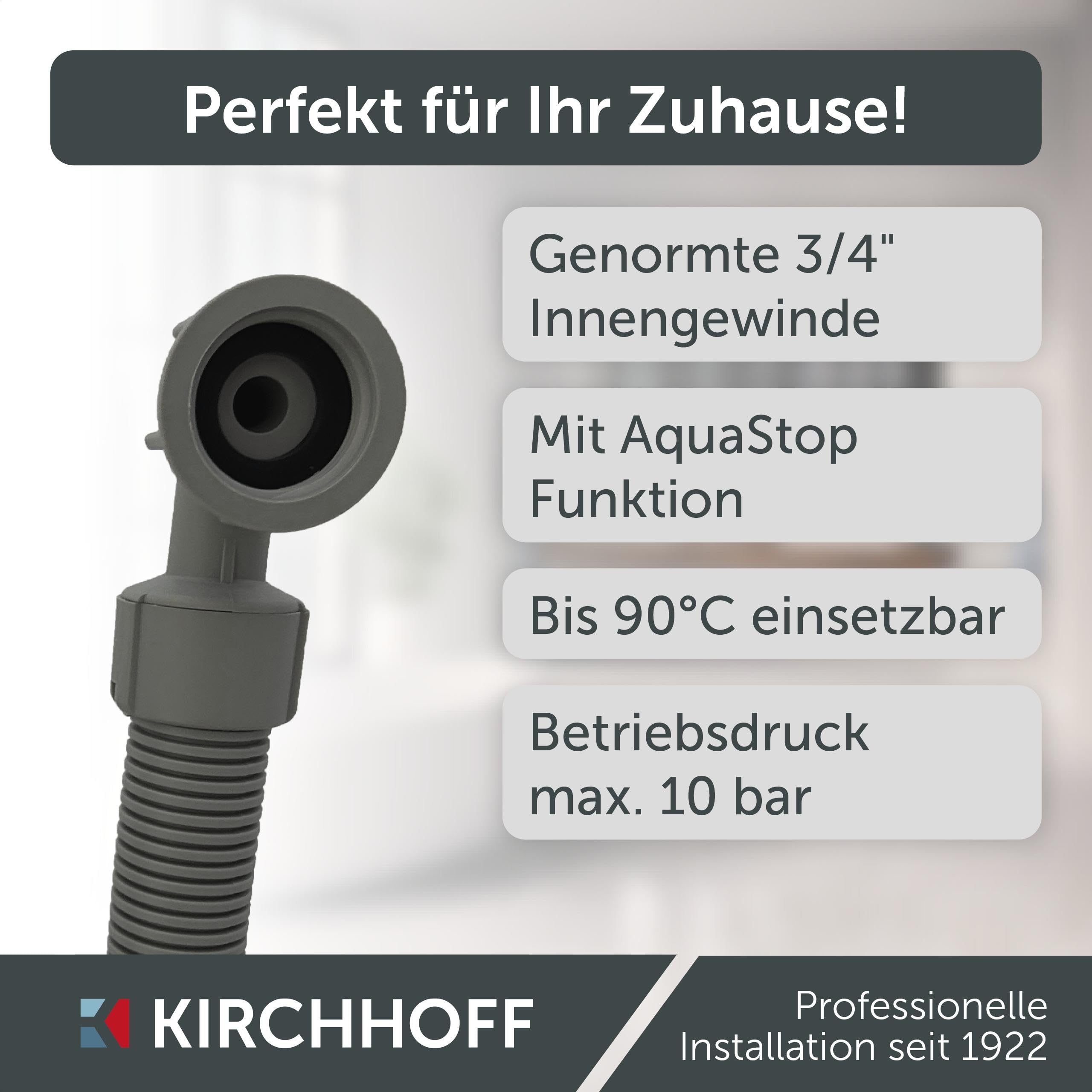 KIRCHHOFF 98657230 Waschmaschinenschlauch 2,5m, Zulaufschlauch mit 3/4" x 3/4" IG für Waschmaschine oder Spülmaschine, Wasserschlauch mit Aquastop