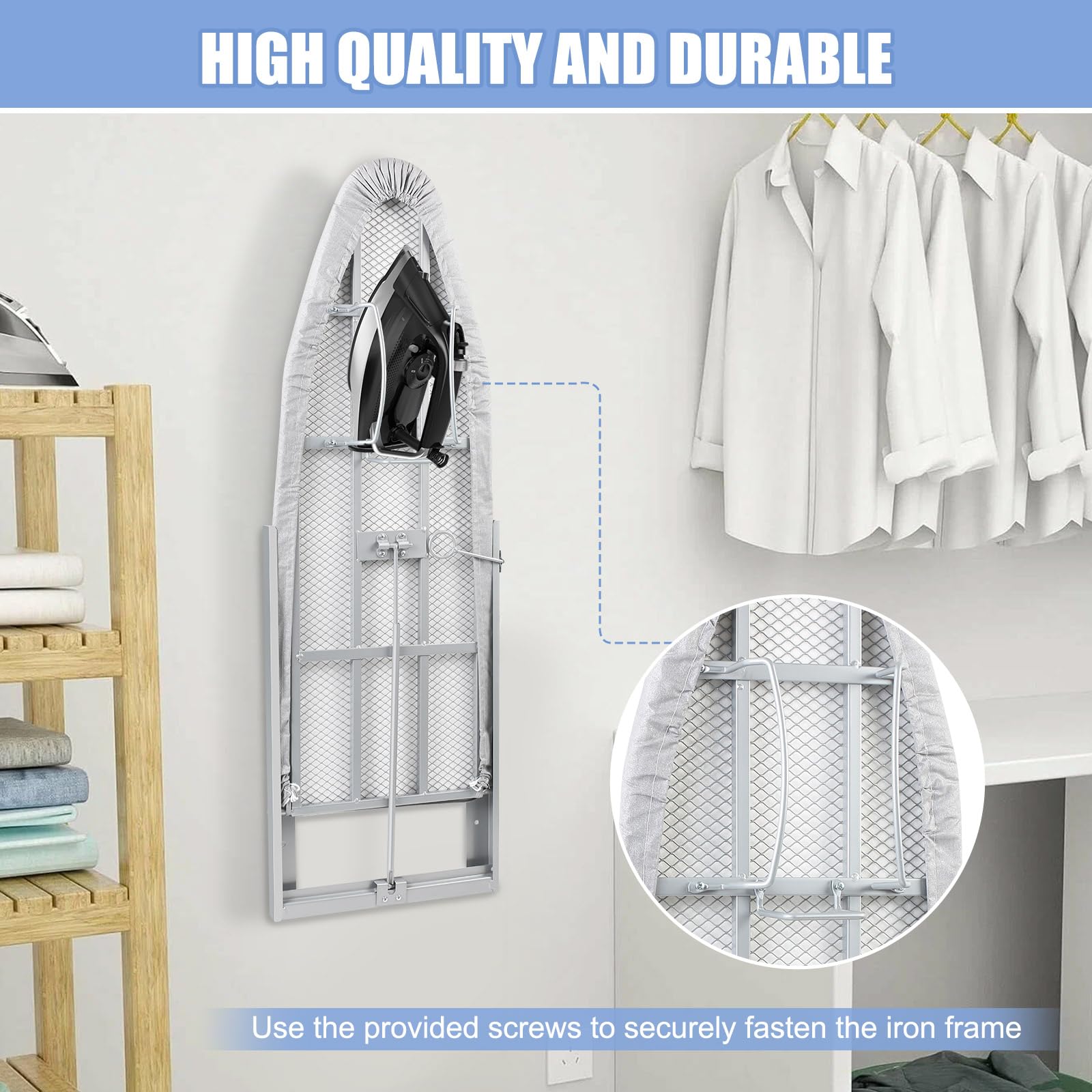 Planche à repasser pliable avec montage mural, rotative à 180°, peu encombrante avec organisateur de fer à repasser et housse résistante à la chaleur, planche à repasser murale pliable pour
