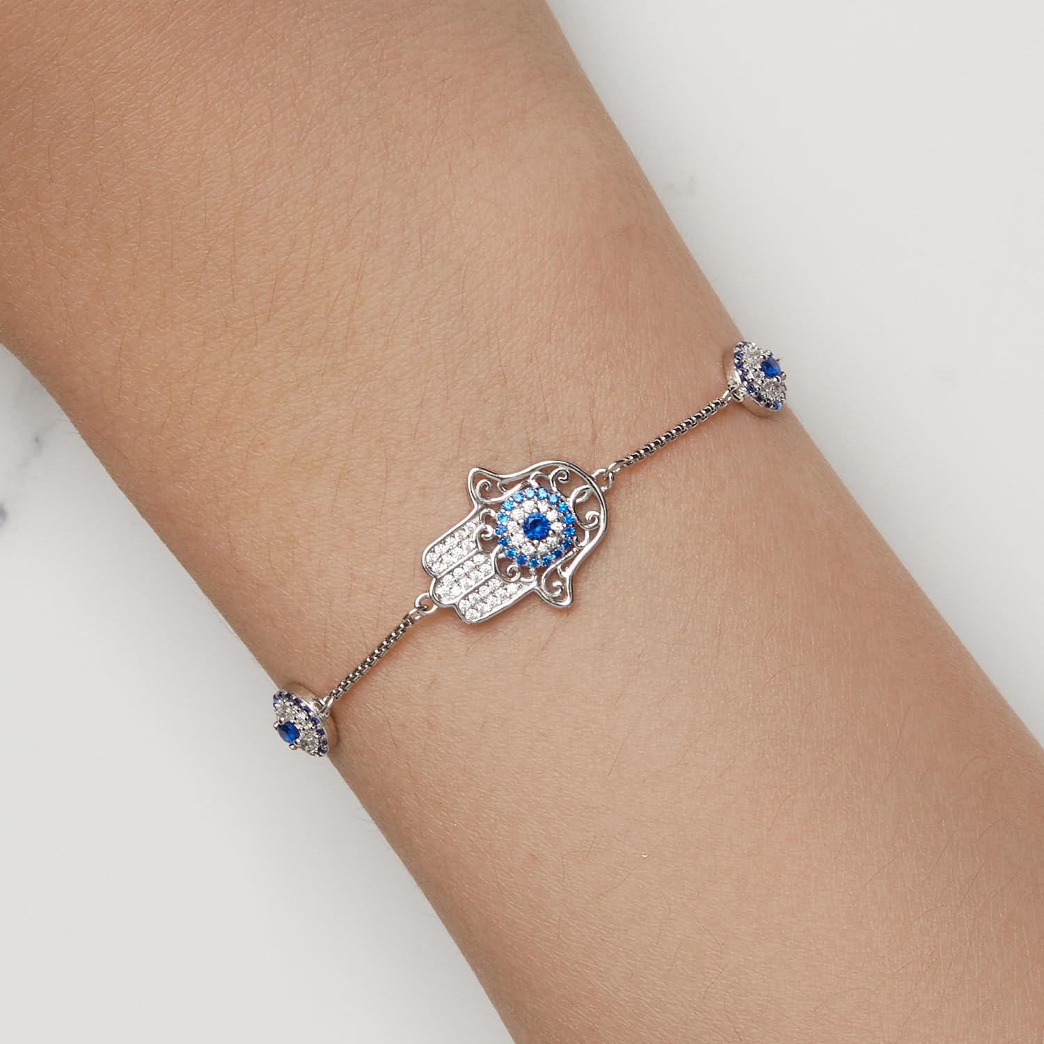 NewL Pulsera contra el mal de ojo de plata de ley con cierre para abalorios con piedras preciosas de zafiro, cierre de clip de ojo turco, Plata de ley