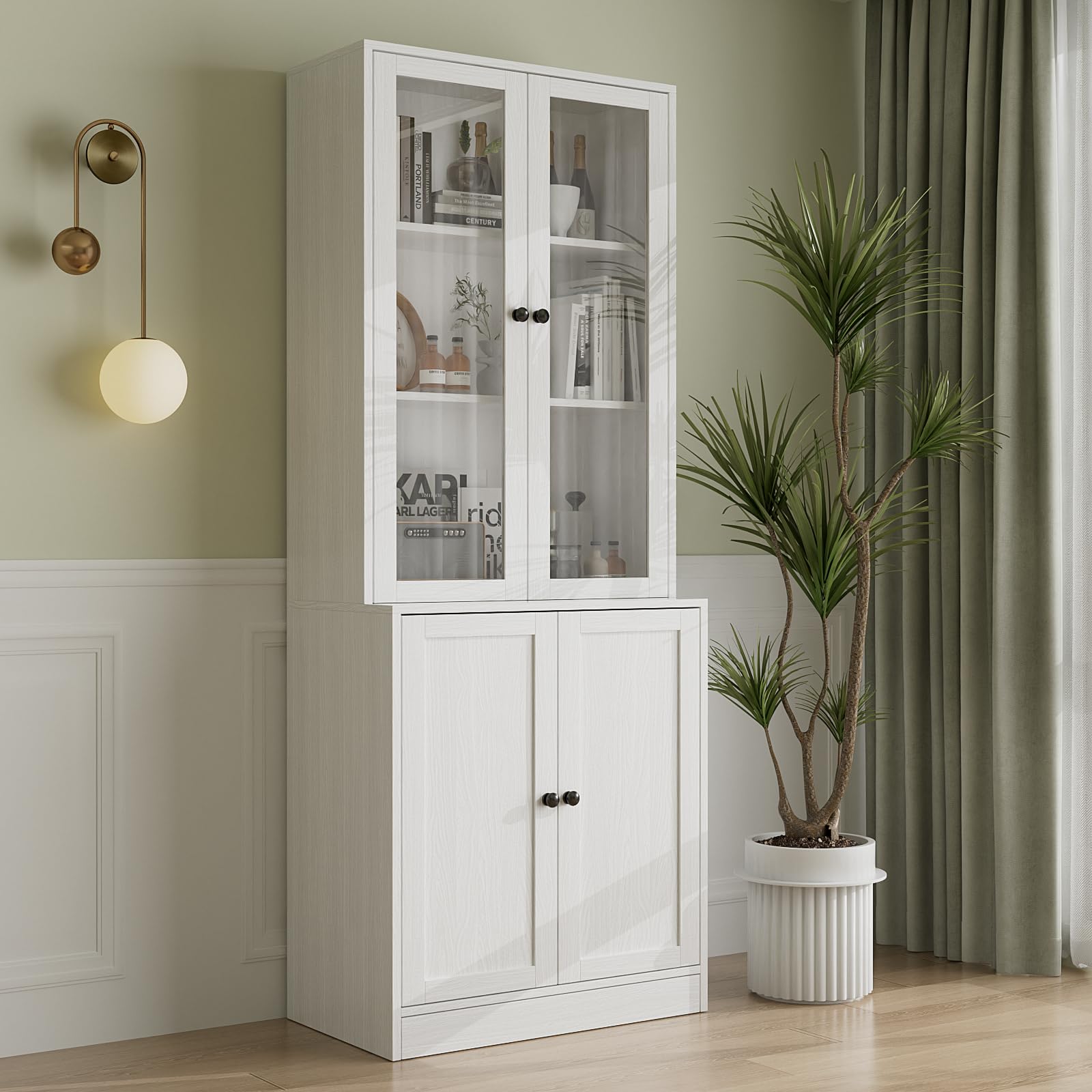 VOWNER Biblioteca de 5 pisos con puertas de vidrio - 180 cm - Armario alto - Armario aparador para cocina, salón, comedor - A (blanco)