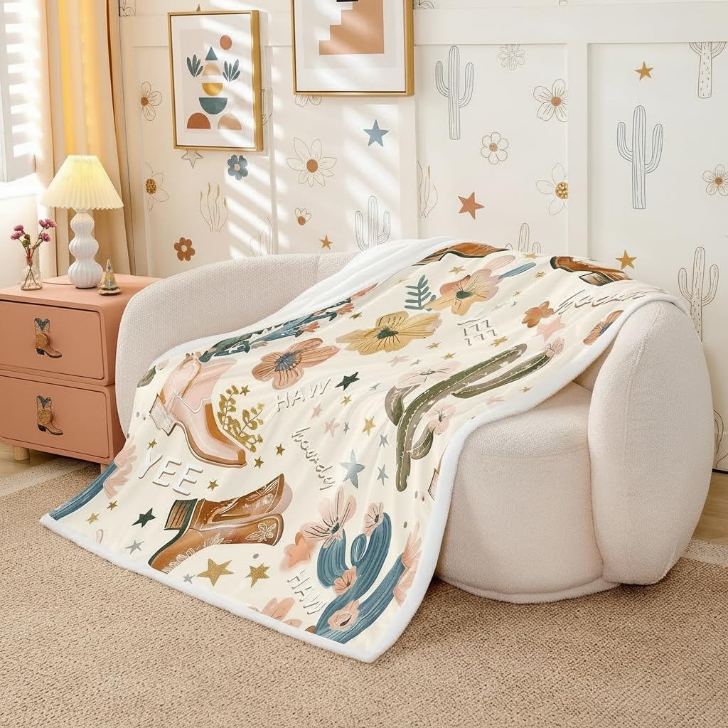 Manta vaquera decorativa tamaño gemelos de forro polar térmico con botas cowboy retro