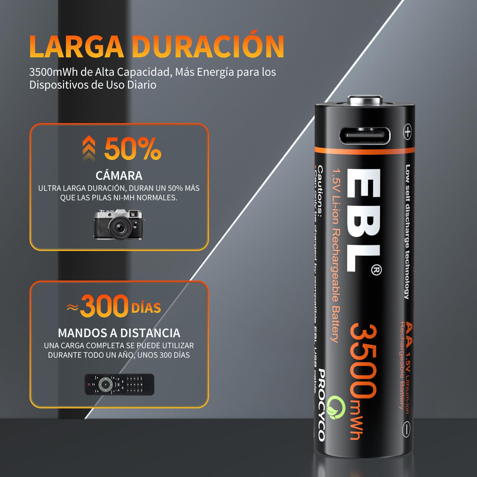 EBL Pilas Recargables AA 3500mWh Alta Capacidad con USB, Pilas AA Precarga y Baja Autodescarga Pilas 3500mWh (NO 3500mAh)