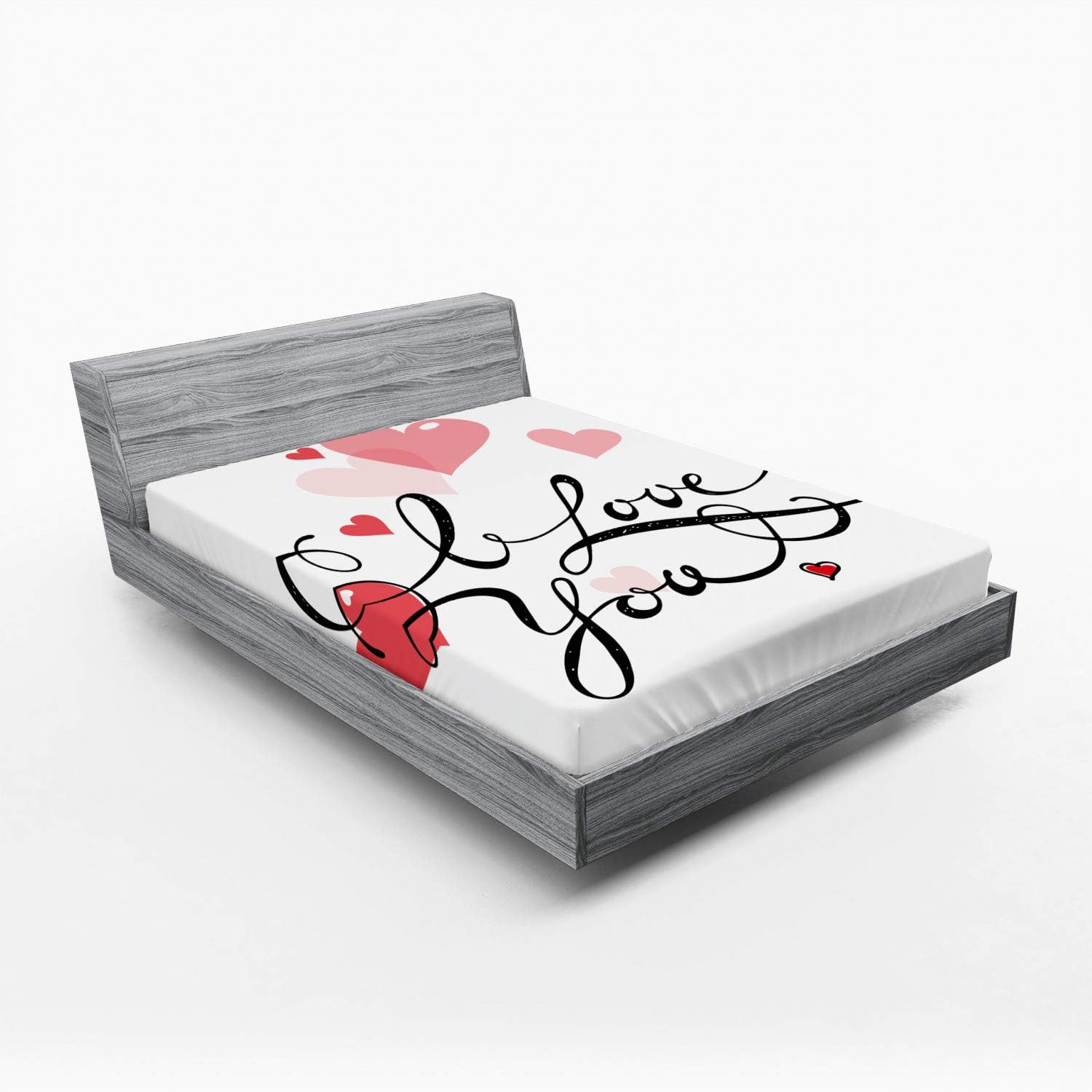 Ambesonne I Love You Fitted Sheet, Handwritten Illustration Swirly Designed Calligraphy with Pink and Red Hearts, Bed Cover with All-Round Elastic Deep Pocket for Comfort, Queen Size, Black Pink