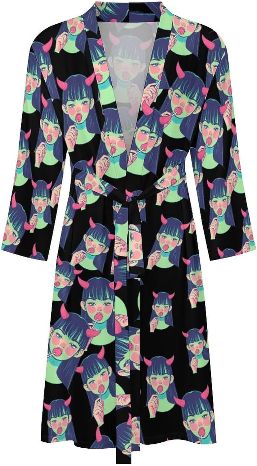 Evil Lady Mens Robe Long Bathrobe for Women Bath Robes Lightweight Soft Printed Sleepwear