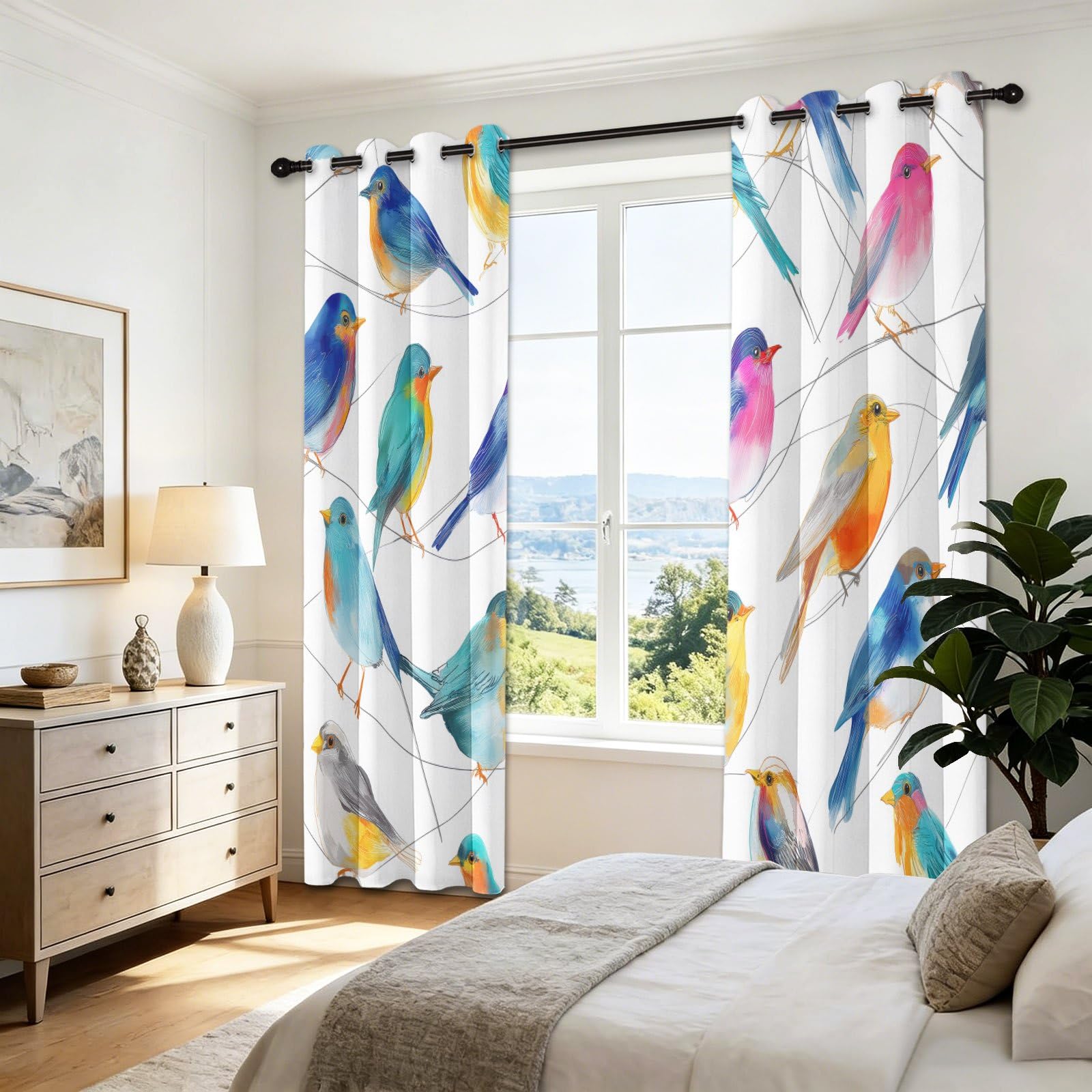 Natur Boho Verdunkelungsvorhänge für Schlafzimmer Wohnzimmer, Voegel Aeste Aquarell Blau Wärmeisolierte Vorhänge mit Ösen, Fenstervorhänge Dekoration, H 175 x B 140 cm (2er Pack)