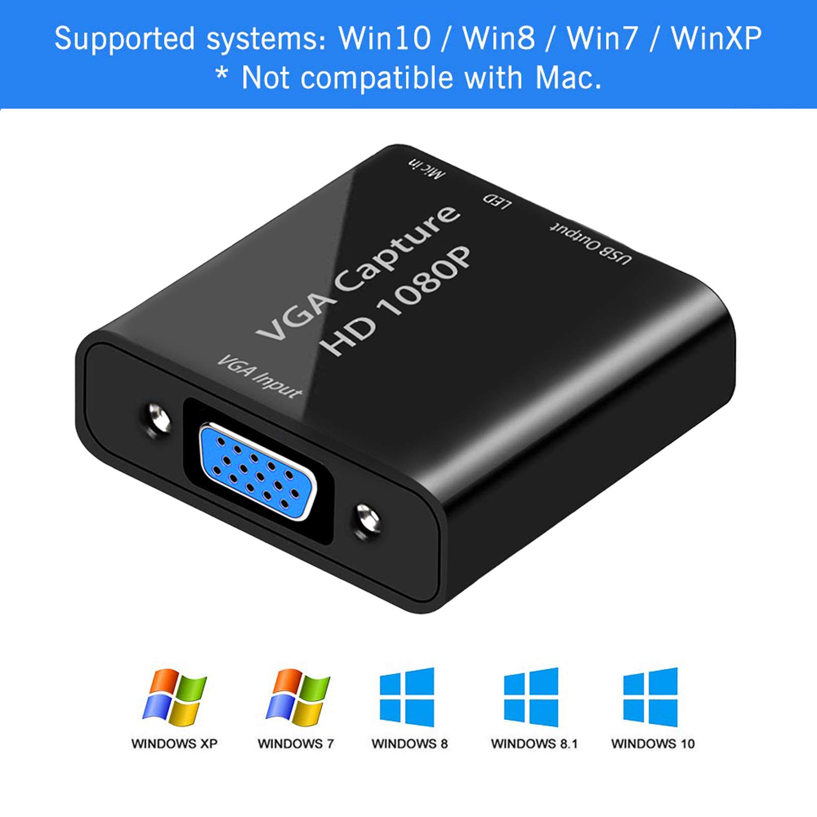 Tarjeta de captura de video, adaptador de captura VGA a USB con entrada de micrófono, adaptador de video HD 1080p, para transmisión en vivo, portátiles, monitores, videoconferencias y juegos