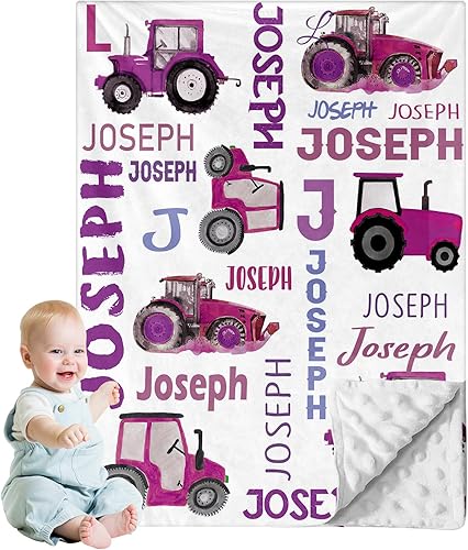 Mantas de tractor con nombre personalizado, mantas de bebé de felpa suave para niñas con patrón de tractor impreso y puntos elevados relajantes,