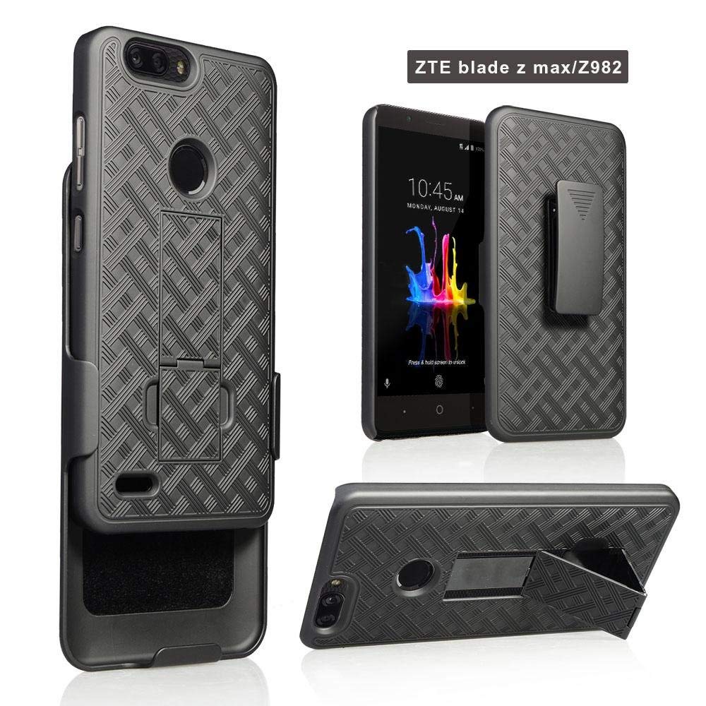 Compatible for ZTE Blade Z Max Case, ZTE Sequoia Case, with Temper Glass Screen Protector Holster Belt Clip Phone Case Hard Armor Defender Protective for ZTE Blade Z Max Z982 - Black
