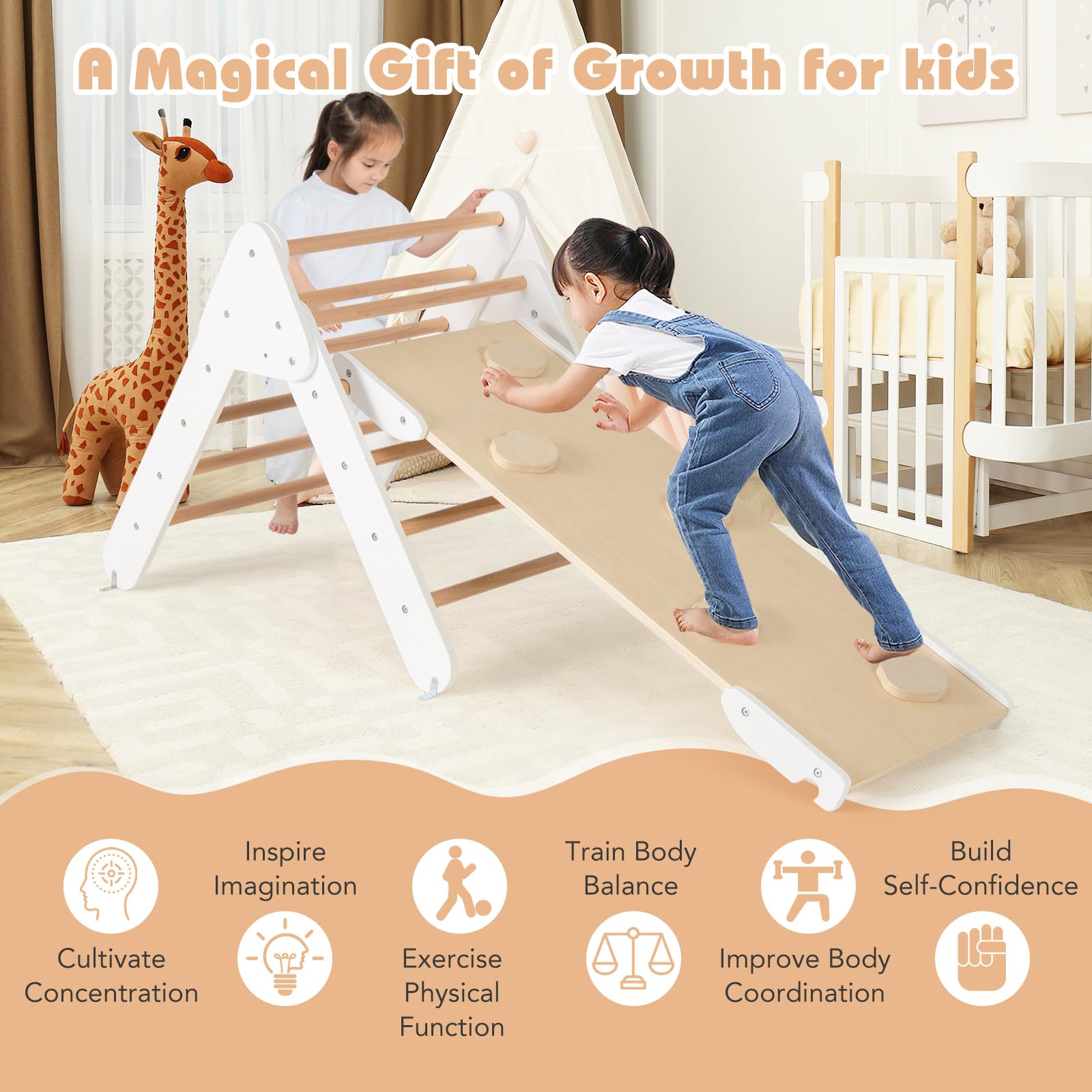 FANTASK 4 in 1 Klettergerüst mit rutsche, Kletterdreieck Holz inkl. doppelseitige Rampe & Kletterboge & Wippen, Sprossendreieck Spielplatz für Kinder ab 1 Jahr, Weiß