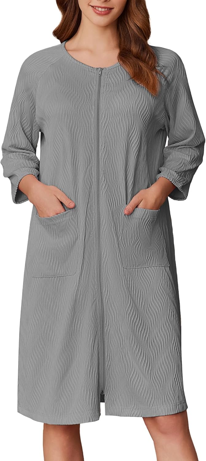 Ekouaer Women Zipper Robes 3/4 Sleeve Ribbed Knit Bathrobe Lightweight Knee Length Loungewear Housecoat with Pockets S-3XL