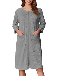 Ekouaer Women Zipper Robes 3 4 Sleeve Ribbed Knit Bathrobe Lightweight Knee Length Loungewear Housecoat with Pockets S-3XL