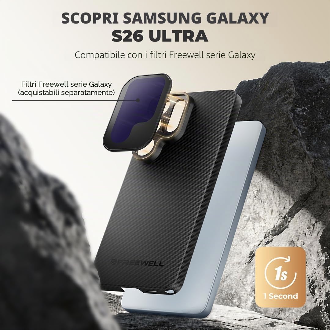 FREEWELL Pro Filmmaker Custodia per Samsung S26 Ultra | Filtro magnetico e obiettivo 17 mm, Kevlar Armor 5 × Più Forte dell'Acciaio, Nero