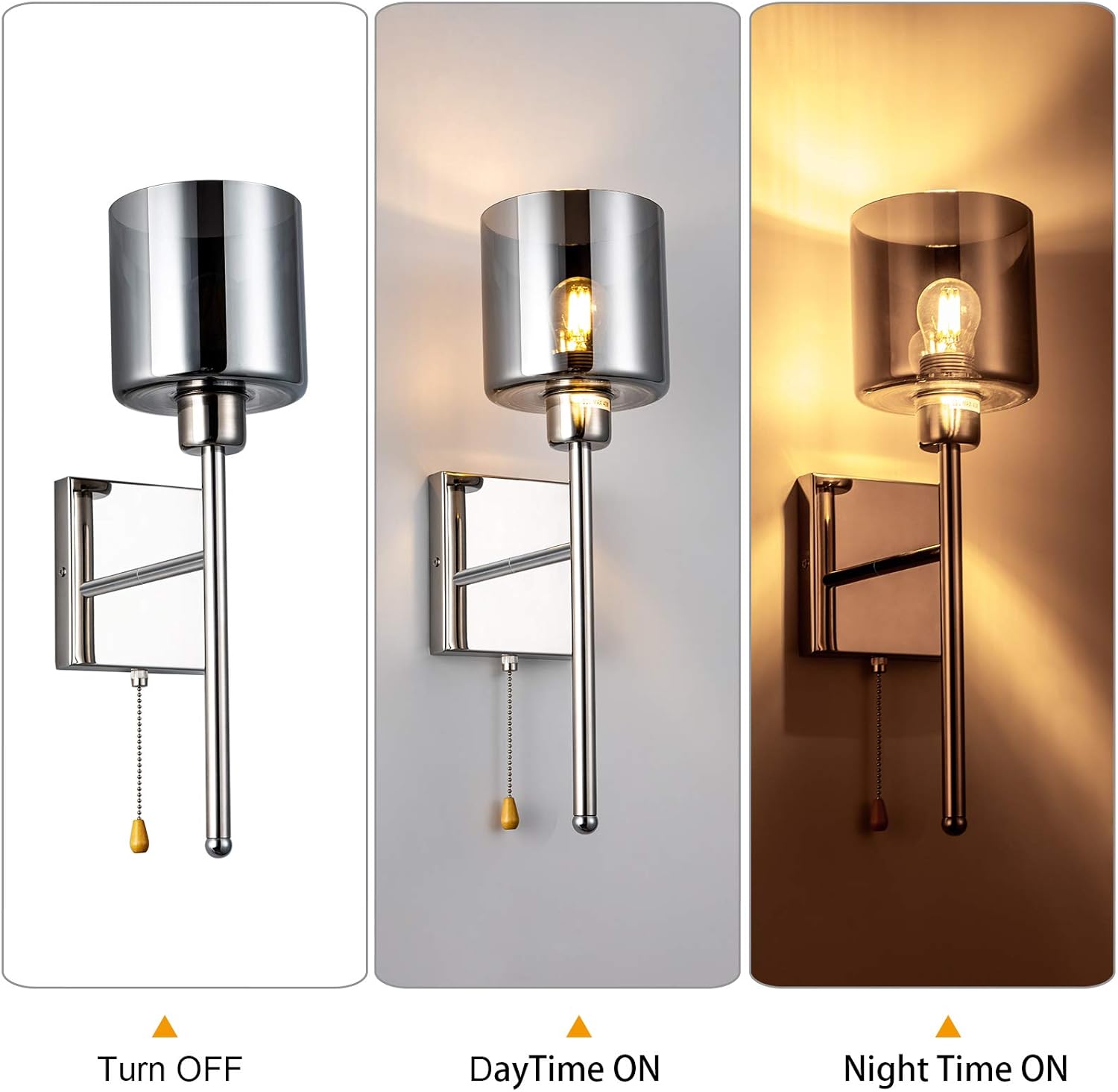 Free Shipping Offer Modern Wall Sconce Lighting, Smoked-Grey Glass Shade Nickel Finished Wall Mounted Vanity Lamp with Pull Chain Cord Switch for Bedroom Living Room Flash Sale Modern Wall Sconce Lighting, Smoked-Grey Glass Shade Nickel Finished Wall Mounted Vanity Lamp with Pull Chain Cord Switch for Bedroom Living Room