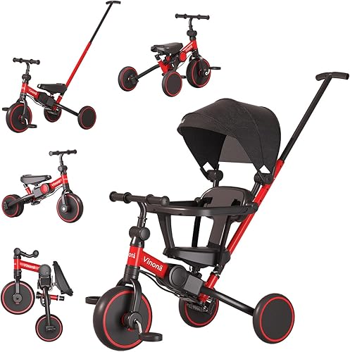 Triciclo para niños pequeños 1-3, bicicleta de equilibrio 6 en 1 para niños y niñas, triciclo plegable con mango de empuje, toldo extraíble,