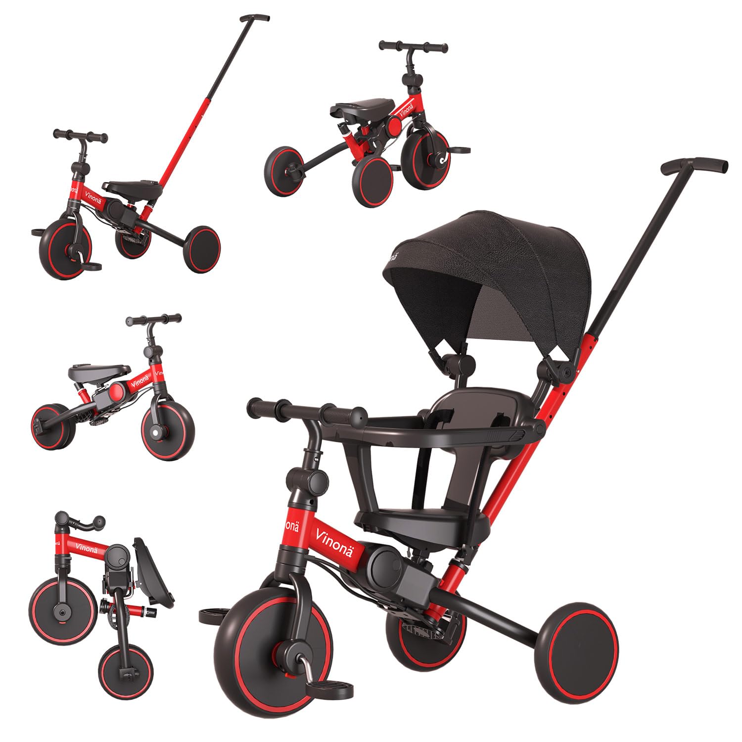 Tricycle for Toddlers 1-3, 6 in 1 Toddler Balance Bike for Boy Girl, Folding Toddler Tricycle with Push Handle, Removable Canopy, Detachable Guardrail, Birthday Gifts for Kids (Red)