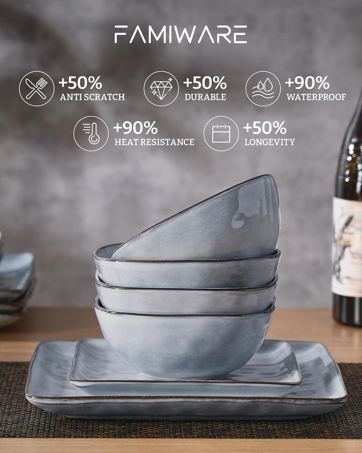 Famiware Dinnerware Sets for 4, Ocean Square 12-Piece Kitchen Plates and Bowls Sets, Reactive Glaze, Microwave and Dishwasher Safe, Scratch Resistant, Grey - Image 6