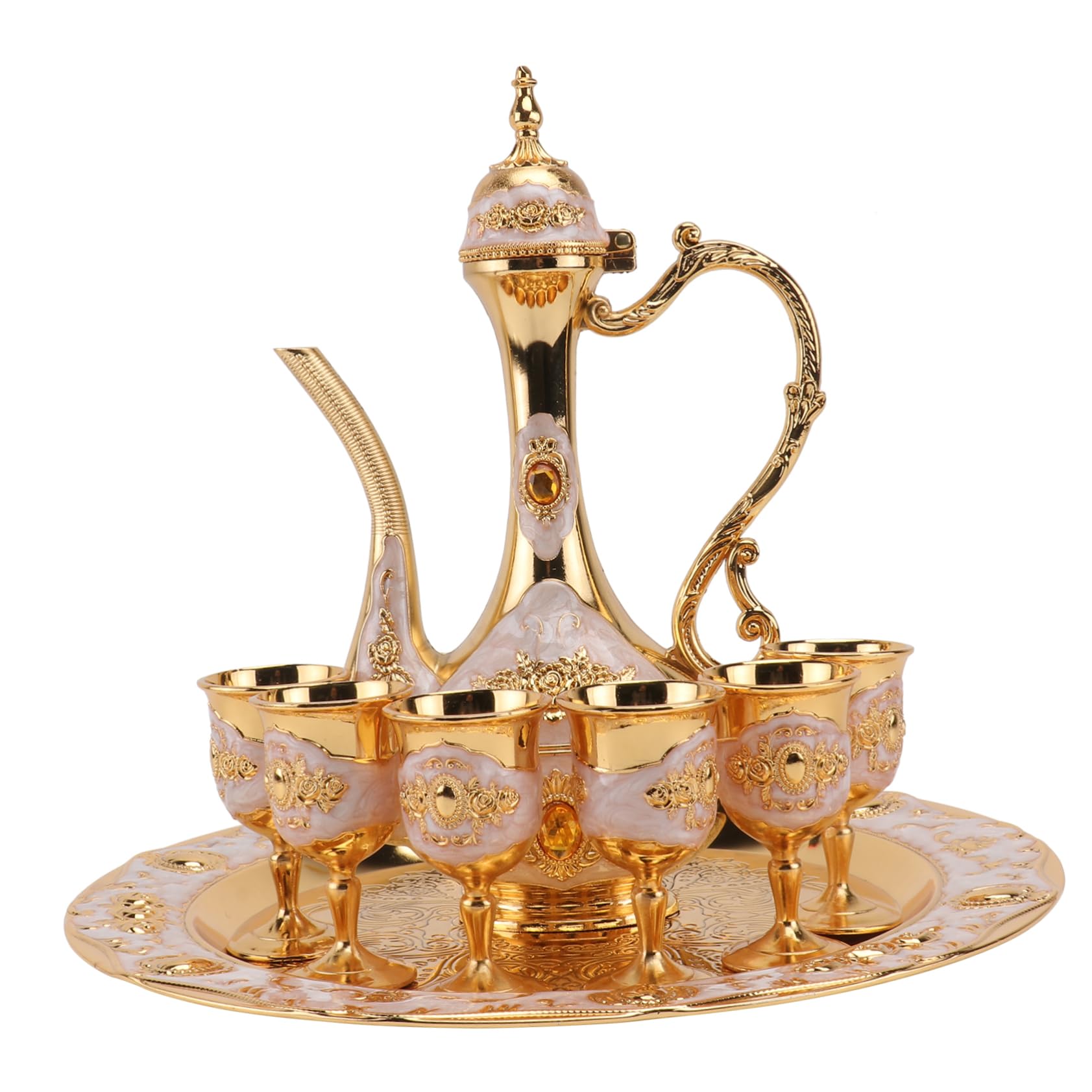Mikinona Juego de Vino Decorativo para Bodas y Fiestas, 1 Set con Bandeja, Metal Dorado, Acabado Suave y Grabado a Mano, Adorno de Mesa