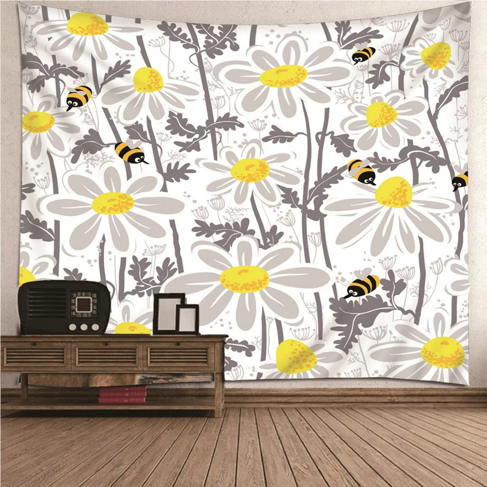 Tapiz de yoga decorativo para pared con abejas y flores amarillas en tela de 200x150 cm 8