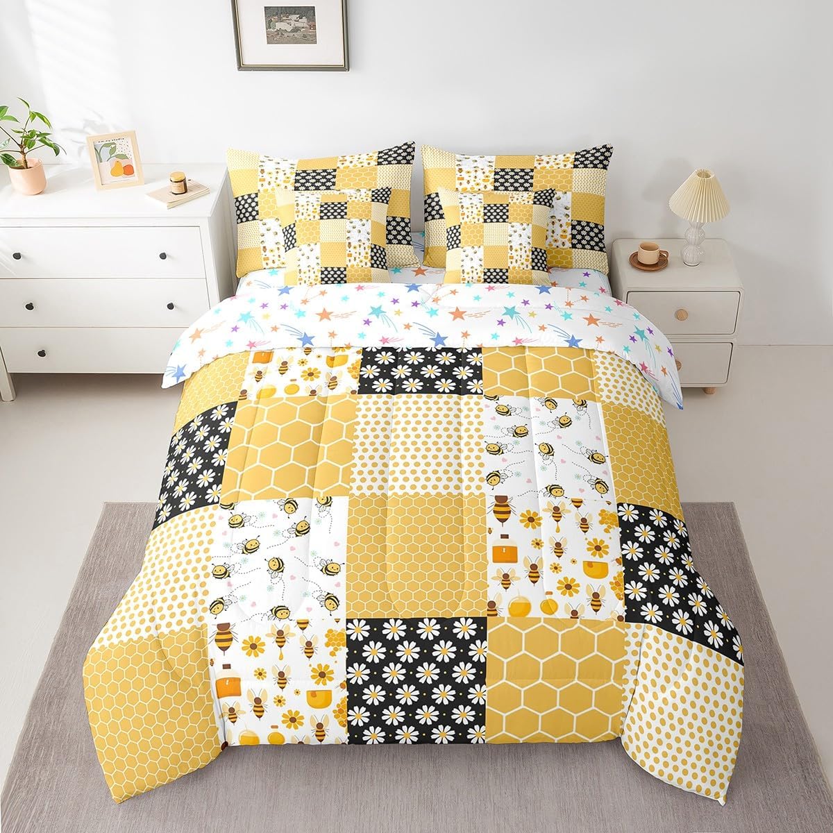 Feelyou Bee Comforter Set Twin Size 7 Pieces Bee Honeycomb Daisy Bedding Set for Kids Boys Girls Garden Floral Decor Bed in a Bag with Sheets Microfiber Buffalo Check Plaid Bed Set