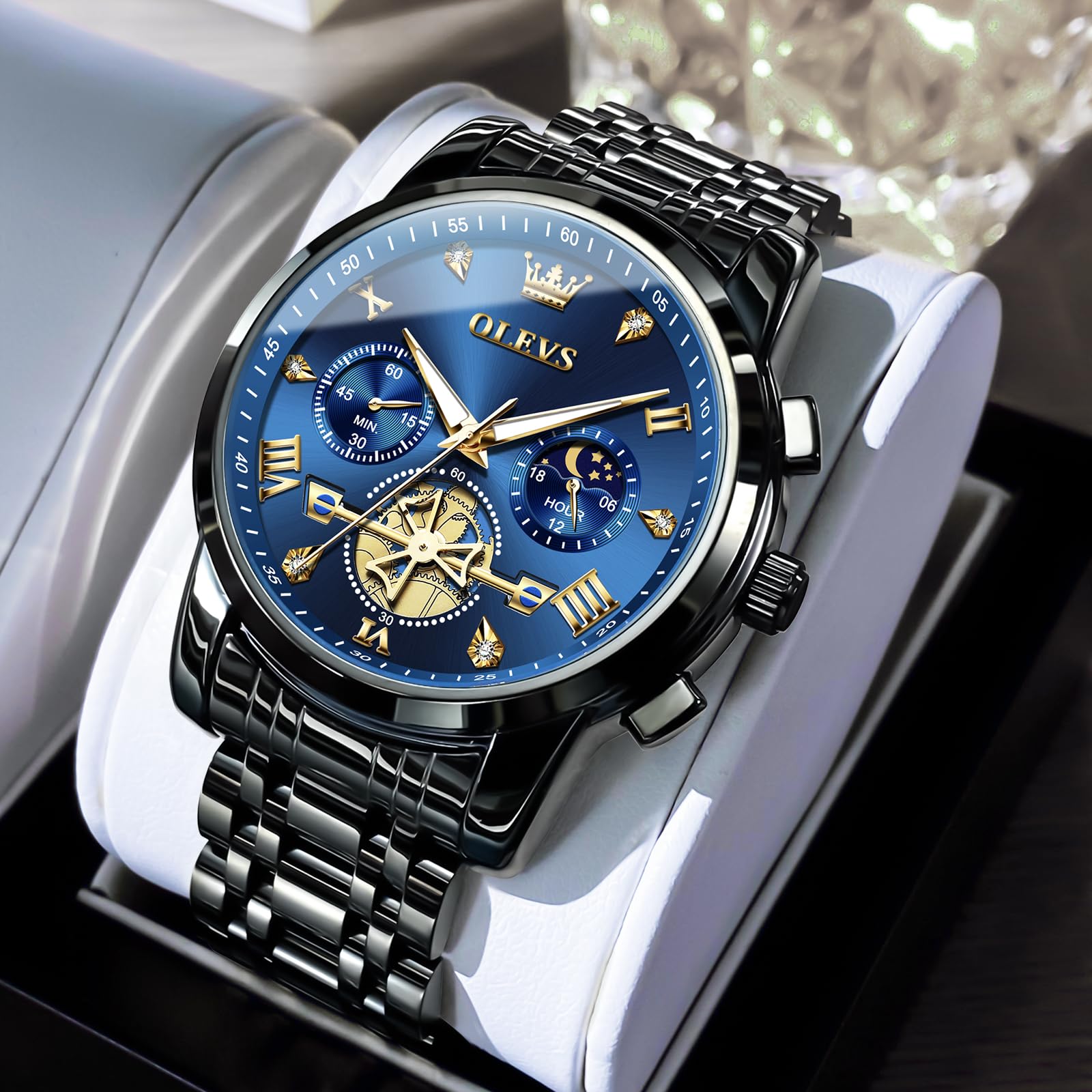 OLEVS Großes Analog Herrenuhren Metallarmband Quarz Edelstahl Herren Armbanduhr mit Mondphase Leuchtende Chronograph Wasserdicht Uhr Geschenke für Männer