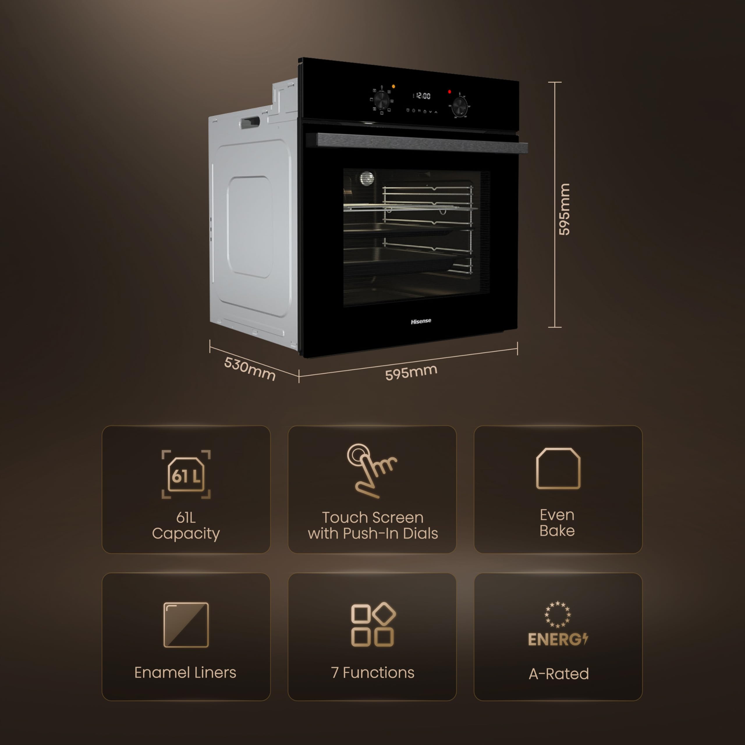 Hisense BI62220ABGUK - Built-in 61L Electric Single Oven with LED Display, Programmable Timer- Black - 530x595x595 mm (DxWxH) - A Rated, Extra Large — view 2