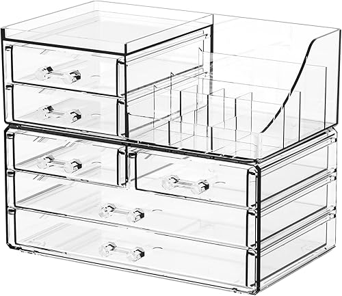 SUOXING Organizador de maquillaje acrílico transparente para tocador, baño, tocador, 6 cajones lindos organizadores de maquillaje para mostrador,