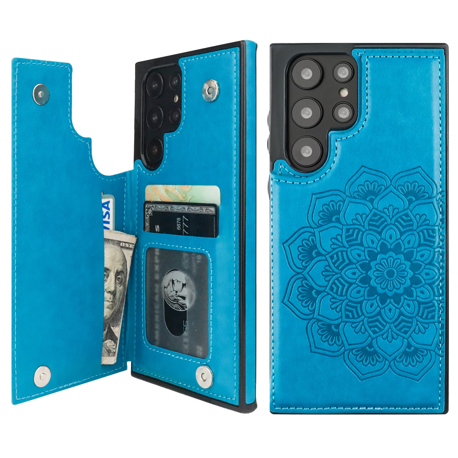 Vabursfor Galaxy S22 Ultra Wallet Case with Card Holder, Embossed Mandala Pattern Premium PU Leather Double Magnetic Buttons Flip Protective Case for Samsung Galaxy S22 Ultra(6.8",Blue)