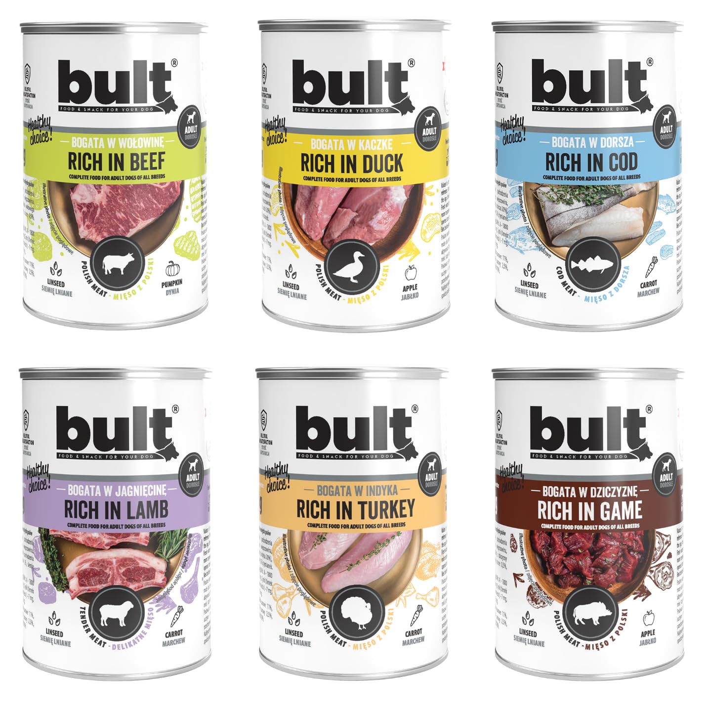 BULT Hundefutter Nass Dose 48x400g Mix | 6 Sorten: Dorsch, Wild, Truthahn, Lamm, Ente, Rind, hoher Fleischanteil