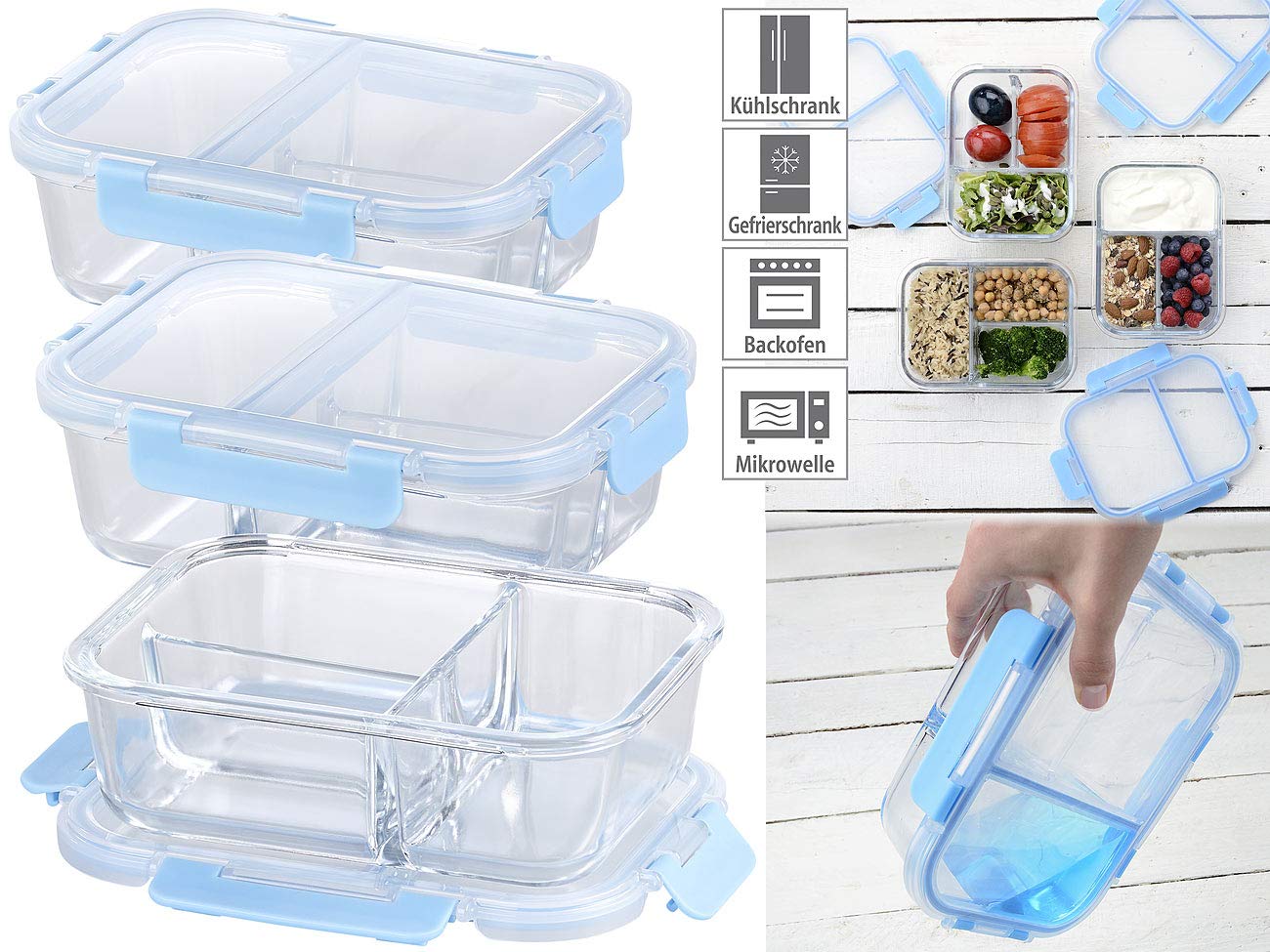 Rosenstein & Söhne Microwellen Geschirr: 6er-Set Glas-Frischhaltedosen mit Klick-Deckeln & 3 Kammern, 1 l (Glasschüssel mit Deckel Mikrowelle, Glasschüsseln mit Deckel-Set, Mikrowellenteller)