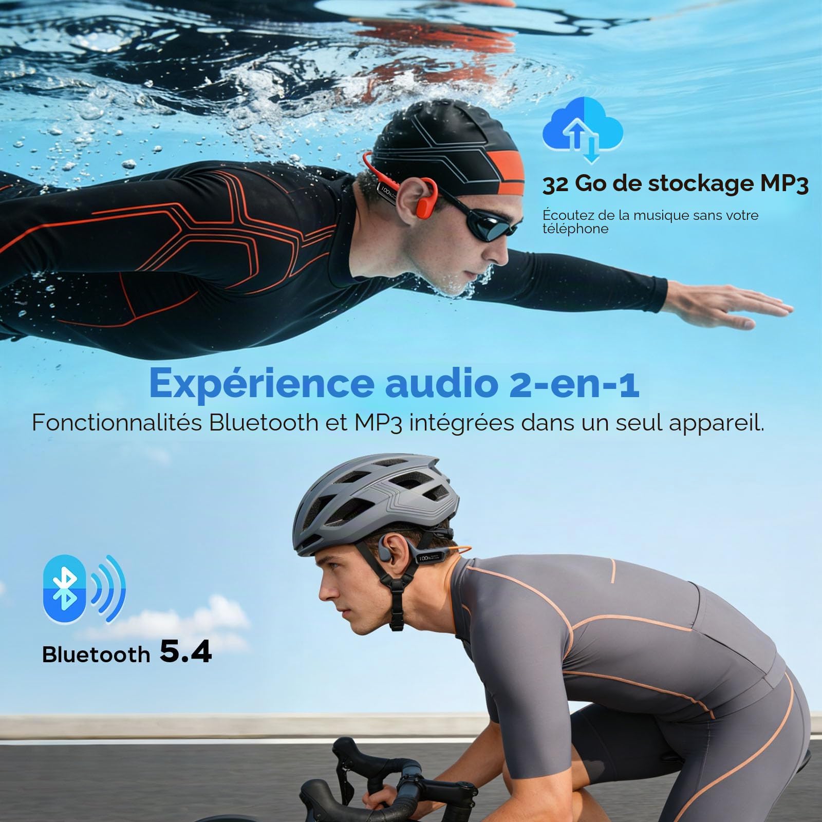 Casque Conduction Osseuse Natation IPX8, MP3 32Go, Bluetooth 5.3 Bleu | Longue autonomie 10h, mémoire extensible, son clair sous l'eau, conception confortable pour sport, course et cyclisme