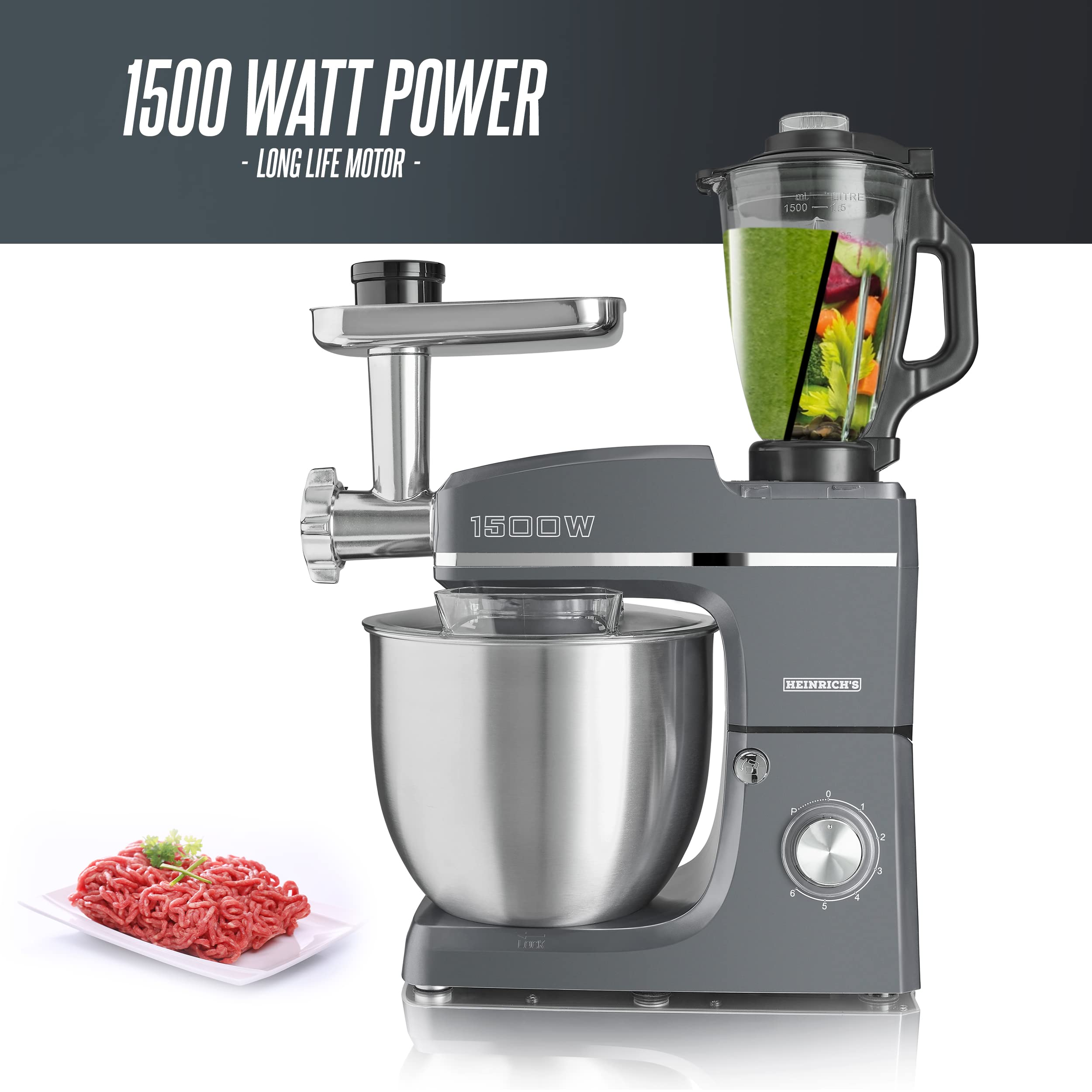 HEINRICHS 3 in 1 Universal Küchenmaschine, Küchengerät 1500W, 6 Geschwindigkeitsstufen, Multifunktionale Knetmaschine mit Fleischwolf, 1.5L Mixerbehälter, XXXL 10L Edelstahlschüssel (Grau)