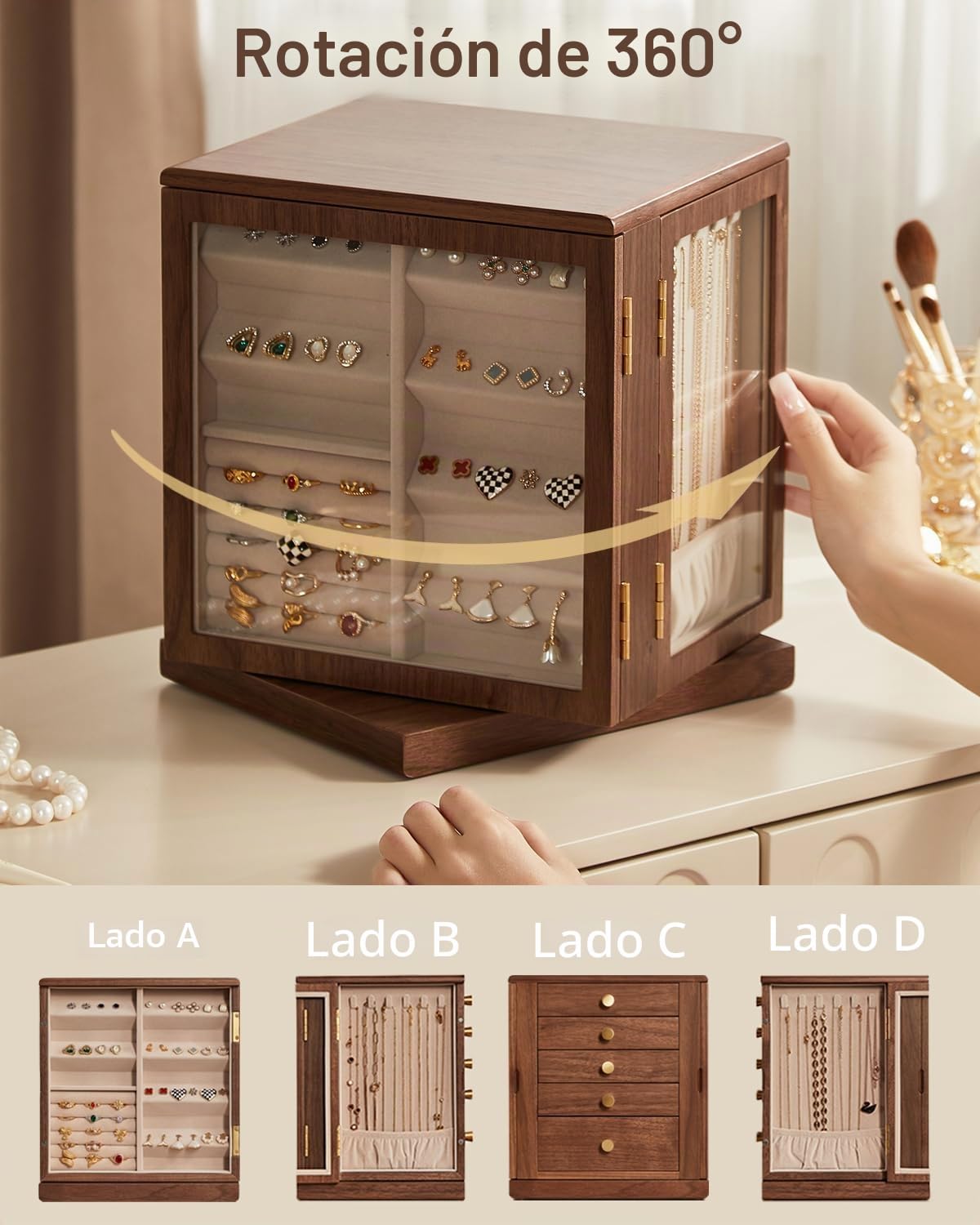 grande Joyero de nogal negro, organizador de joyas de madera giratorio 360° con cinco cajones y ventanas laterales de vidrio, Regalo para Ella