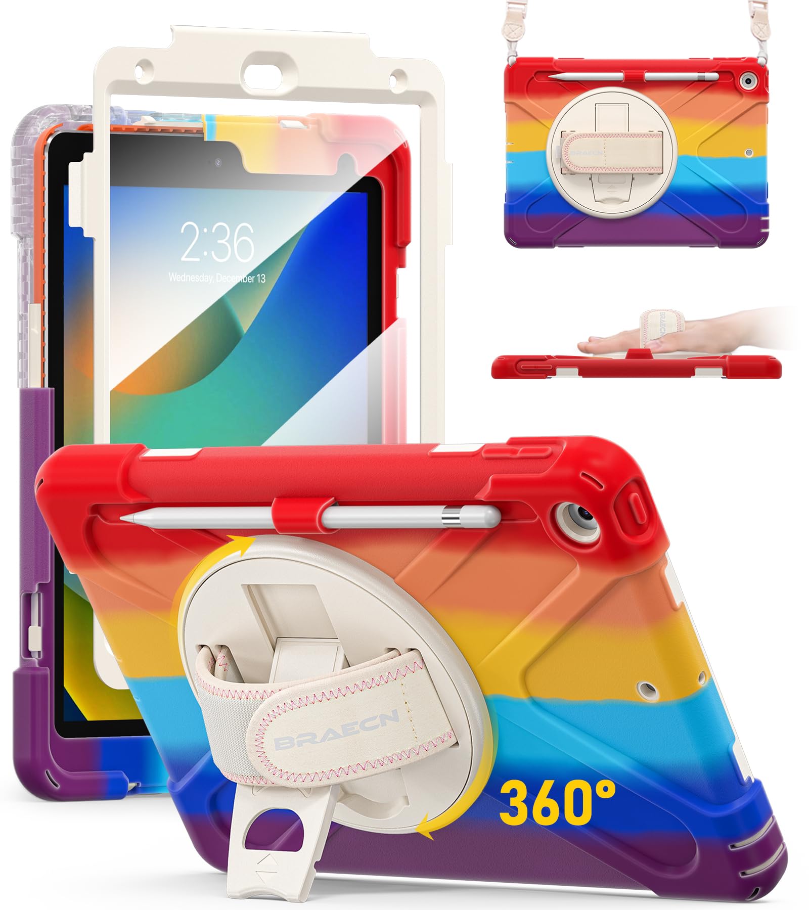 BRAECN for iPad 9th/8th/7th Generation Case,Heavy Duty Shockproof Case with Screen Protector, Pencil Holder, Pencil Cap Holder, Hand Strap, Kickstand,