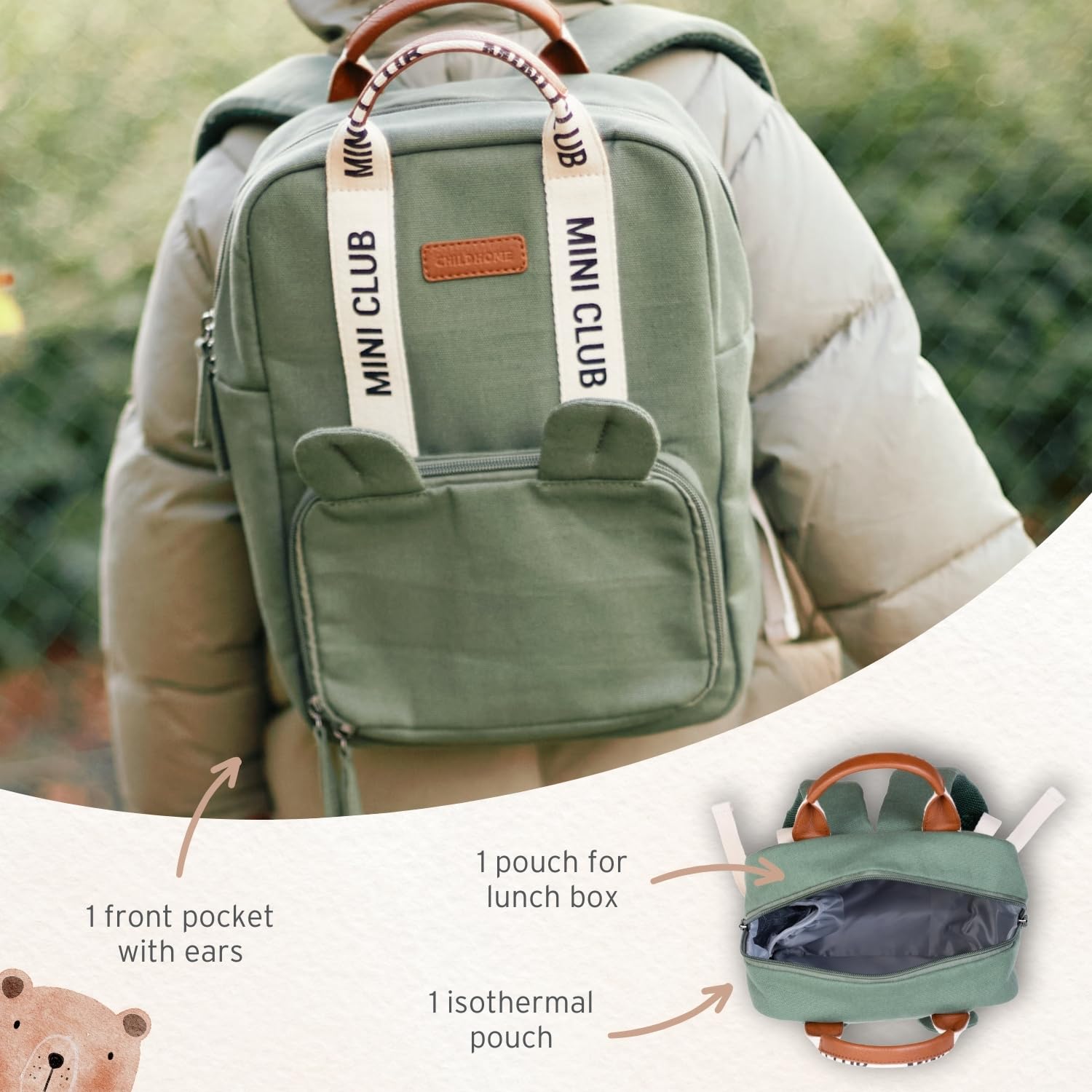 CHILDHOME, Sac a Dos, Bebe, Sac à dos Enfant, Cartable maternelle, Pochette isotherme, Compartiment boite à repas, Solide, Matière Coton, My First Bag, 7L, Mini Club, Signature, Vert