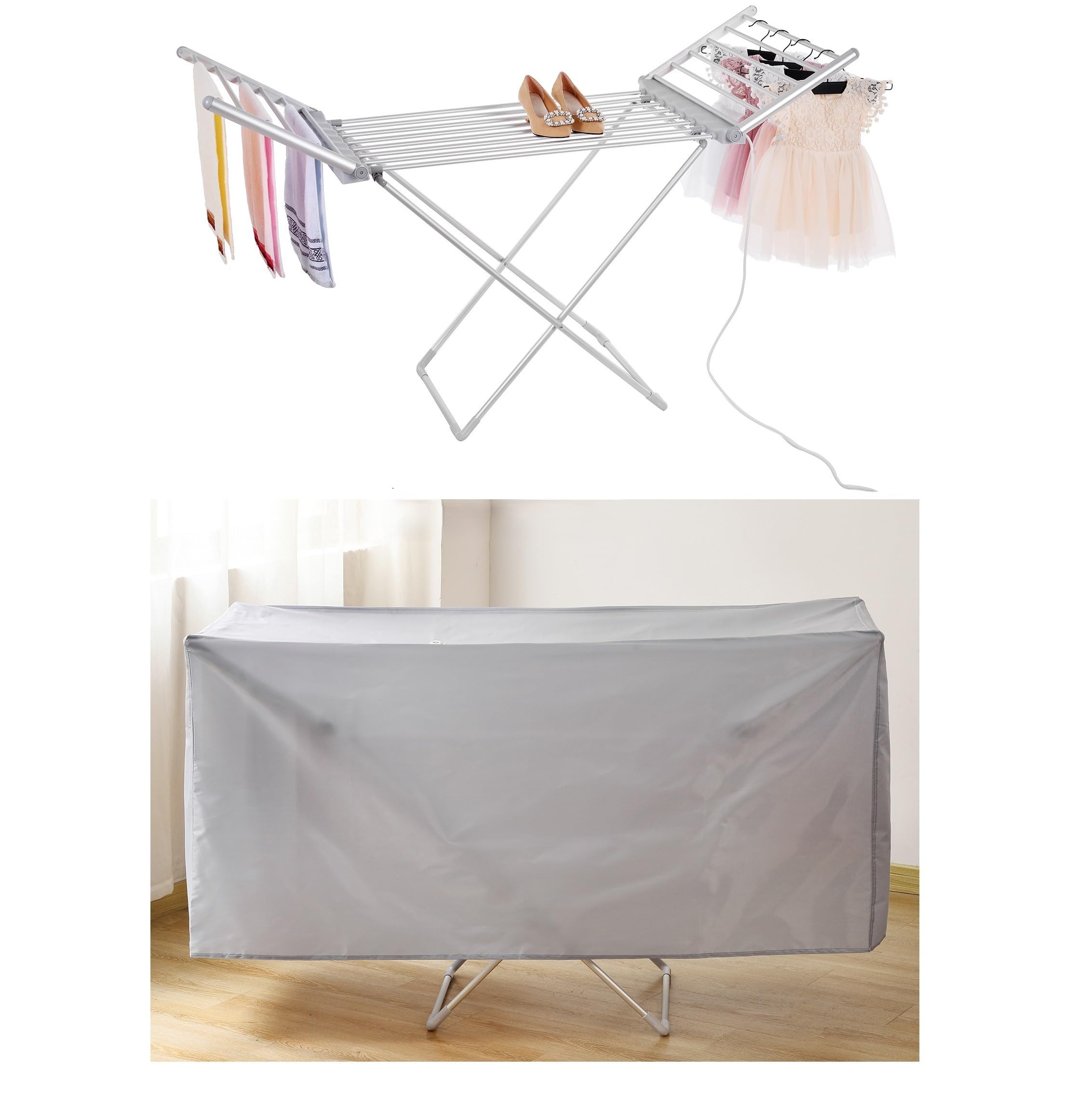 Rainberg Grey Heated Clothes Airer | Aluminium Clothes Drying Rack With Cover| Foldable Airer Stable Dryer | Winged Electric Clothes Dryer Rack