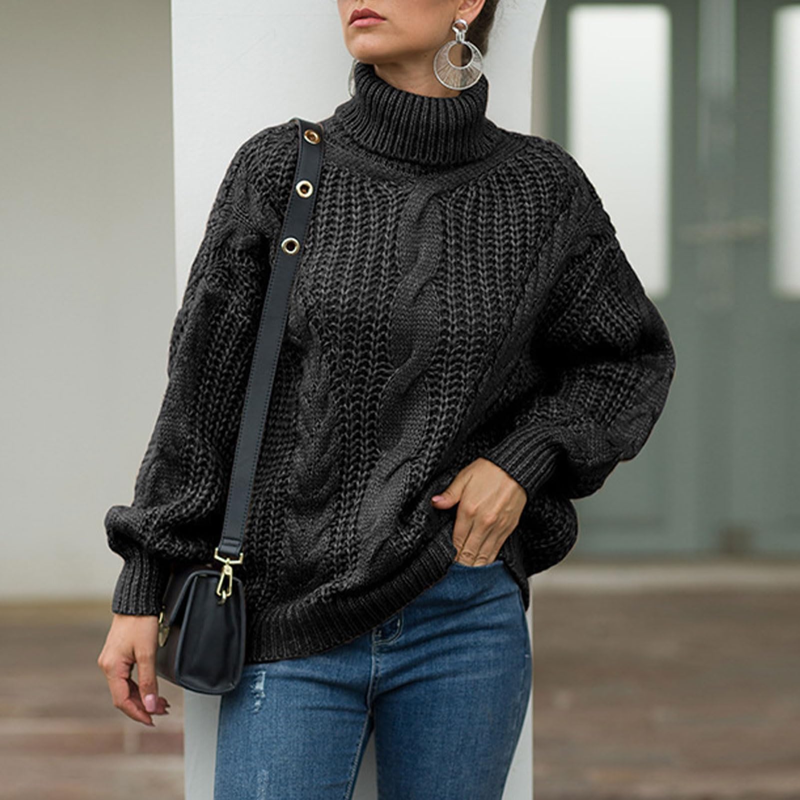 Maglione Dolcevita in Maglia a Trecce da Donna, Morbido Pullover a Collo Alto, Top Invernale Ampio a Maniche Lunghe