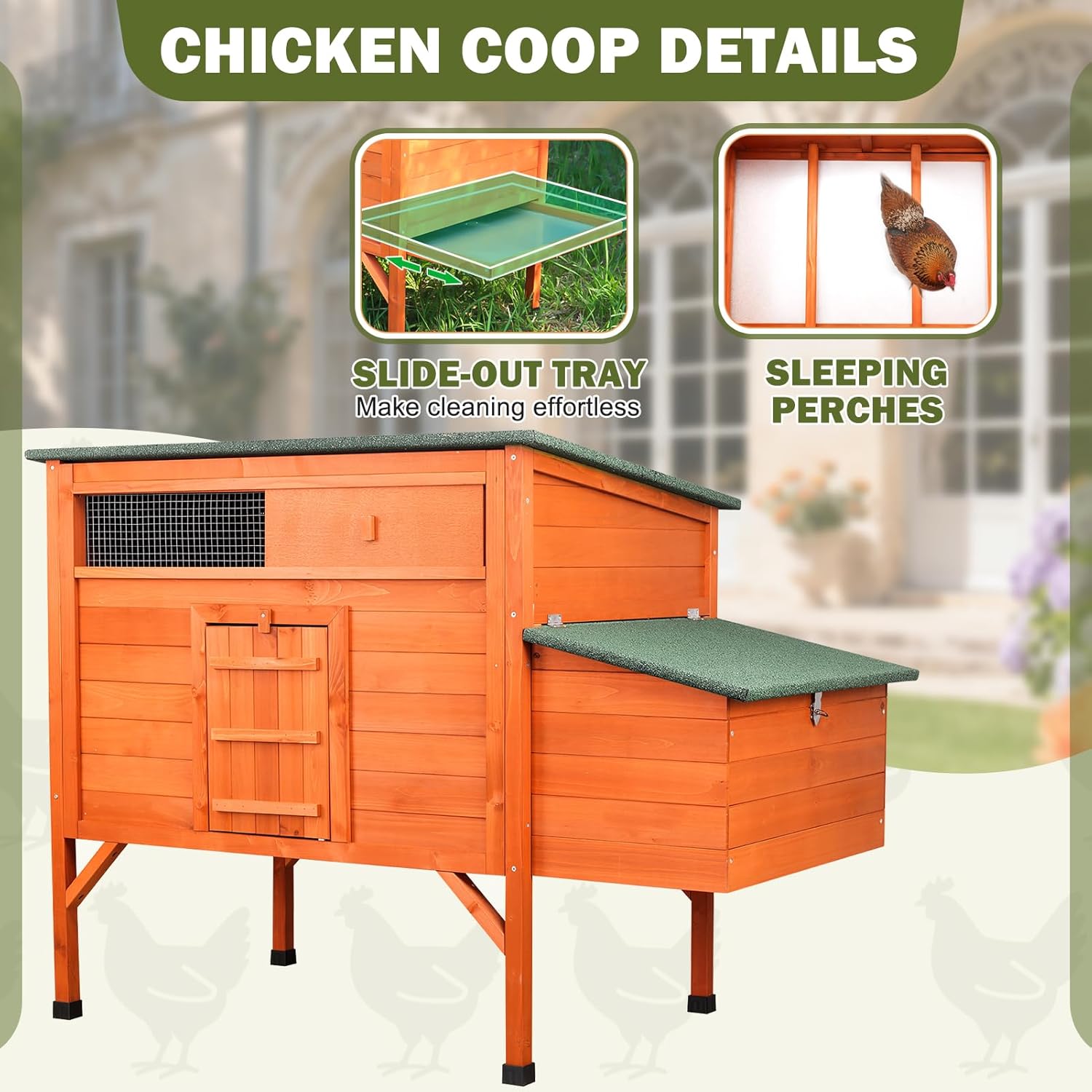 Outdoor Chicken Coop Weatherproof Chicken House with Asphalt Roof, Wooden Chicken Cage with Dual-Side Vents, Elevated Design & 2-in-1 Ramp/Door Pet Hutch