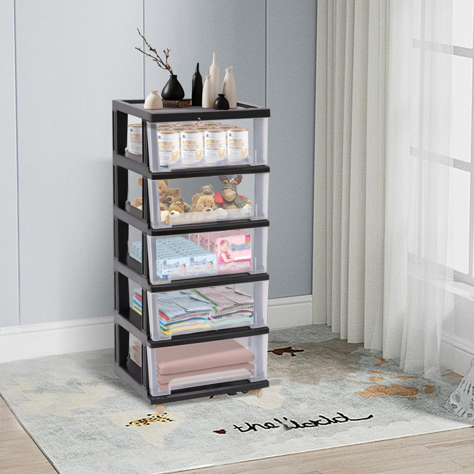 5 cassetti organizer per camera da letto, cassettiera con maniglia, per gioielli, cosmetici, cassetti, ufficio, 40 x 33 x 98 cm, colore nero
