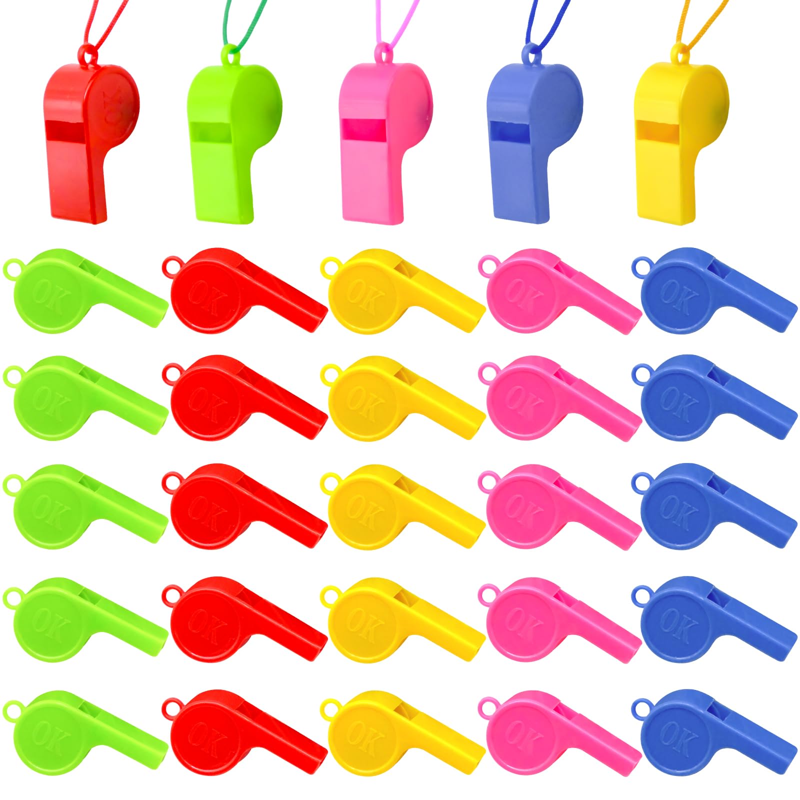 100 fischietti in plastica per Bambini, 5 Colori, fischietti Sportivi con Cordino, in plastica, per Sport scolastici, Calcio, addestramento per Cani, educazione Fisica