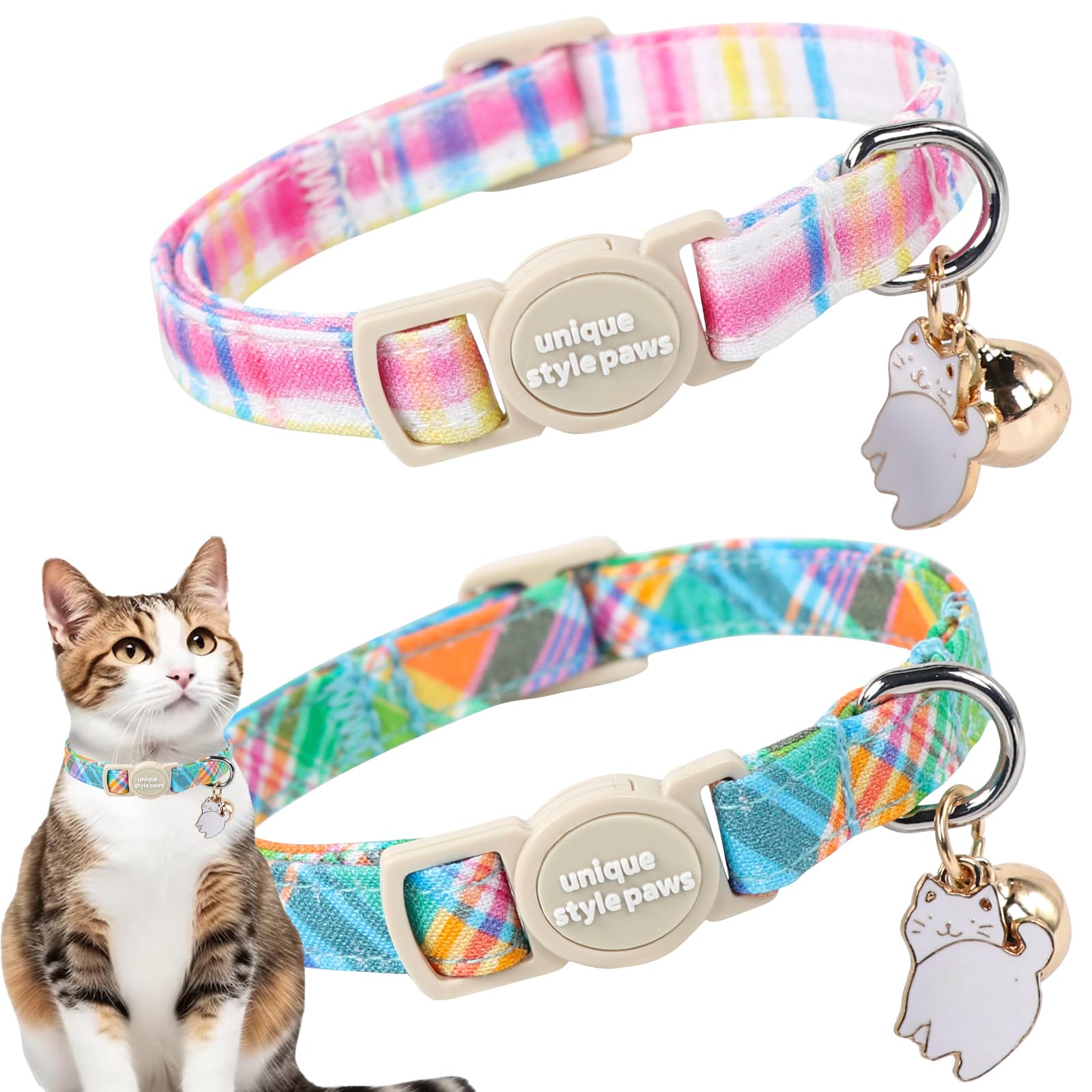 Unique style paws 2 Pack Easter Day Kitten Collar Breakaway with Bell&Pendant, Adjustable Safety Blue Pink Colorful Plaid Cat Cotton Collar for Girl