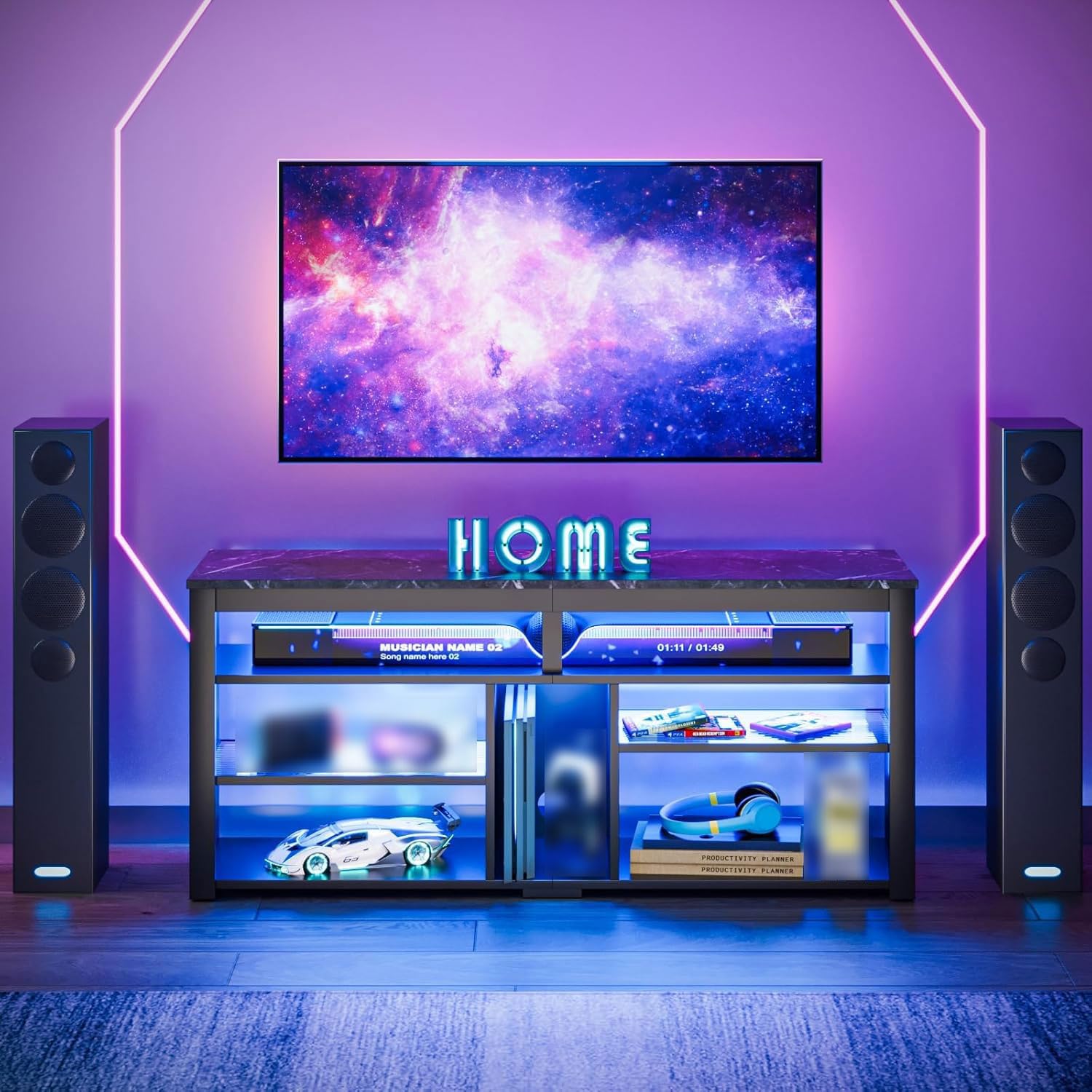 Bestier Mobile TV alto per TV da 65", mobile porta TV con contenitore PS5, console TV LED con ripiano regolabile per soggiorno, marmo nero
