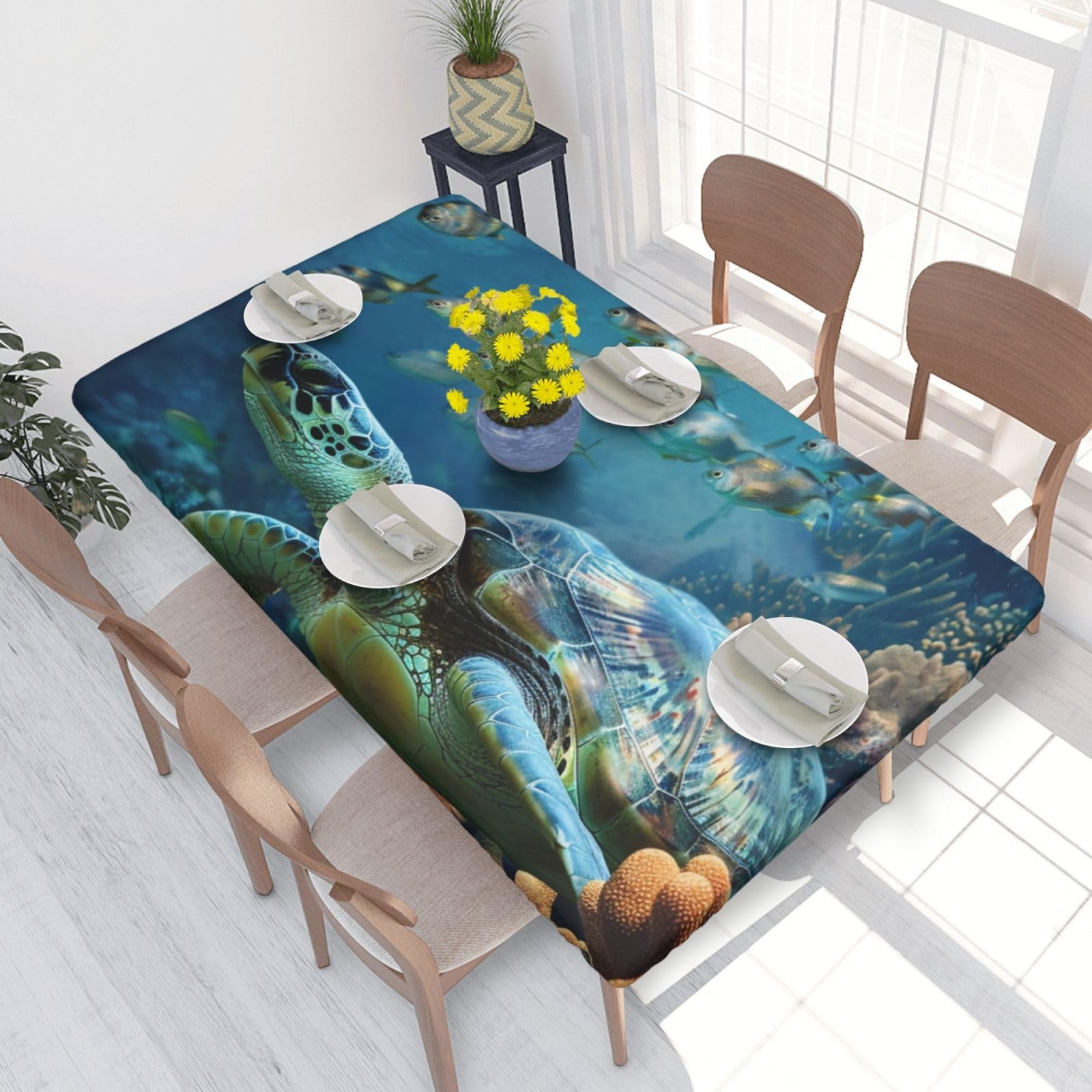 DCARSETCV Sea Turtle with Fishes Printed 4FT Waterproof Tablecloth with Elastic Edged Protect & Decor Your Table, Oil-proof Washable Table Cloth Cover for Dinner Picnic Party