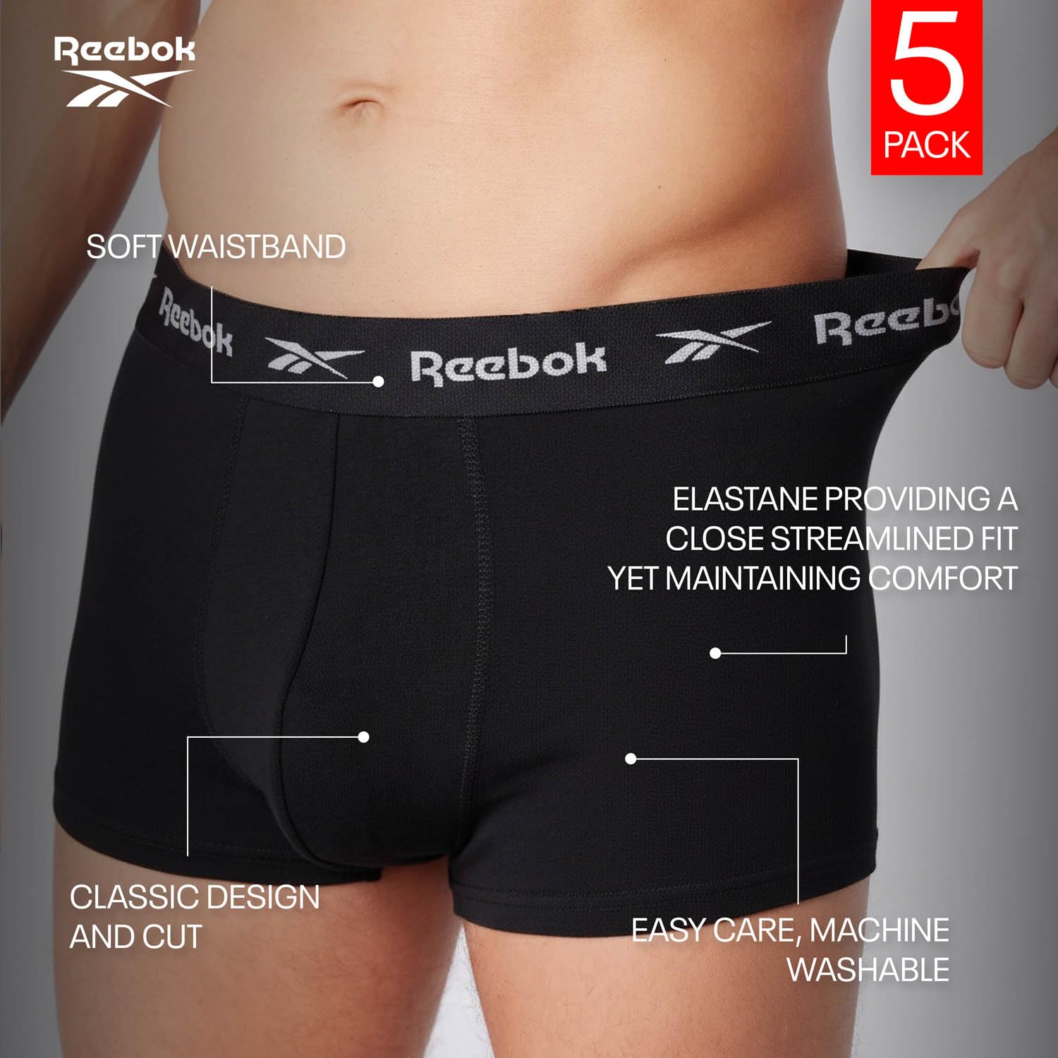 Reebok Bokserki chłopięce dla mężczyzn, 5 sztuk, męskie bokserki sportowe, oddychająca i rozciągliwa bawełniana bielizna dla mężczyzn, wielopak