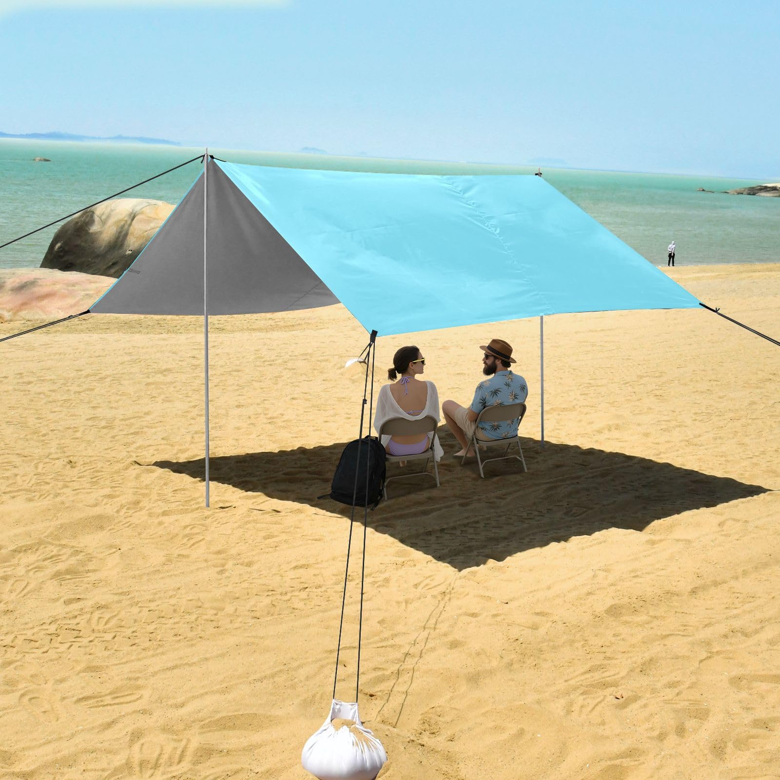 Tenda da spiaggia leggera UPF50 con design blu, include pala per sabbia, sacchi di sabbia, pali di stabilità per viaggi in famiglia, picnic e accessori da campeggio per Playa