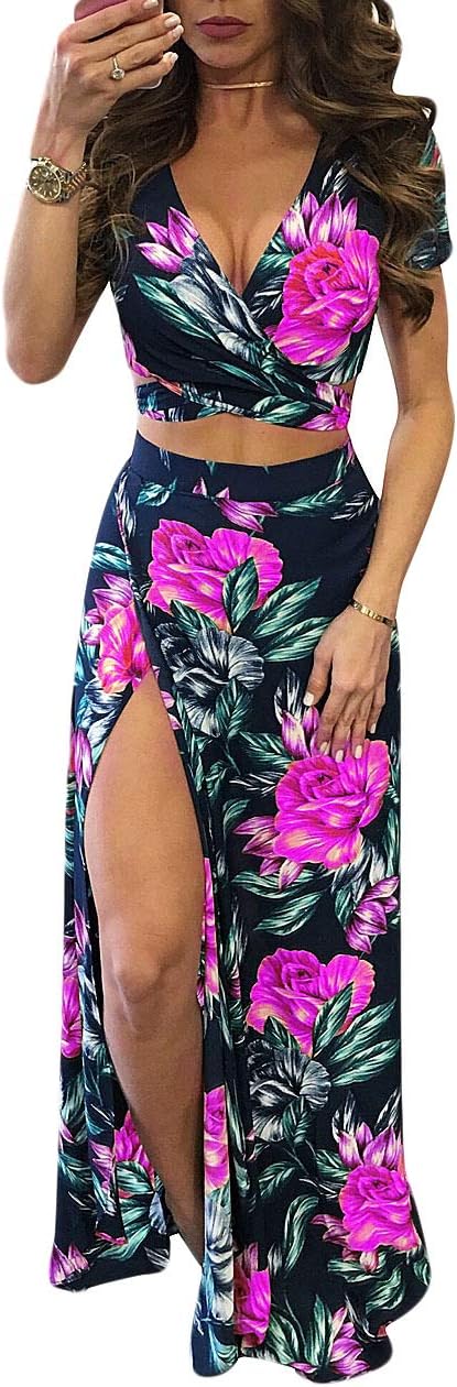 WOKANSE Women's Sexy 2 Piece Outfits Summer Beach Boho Floral Dress V Neck Crop Tops and High Split Maxi Skirt Sets