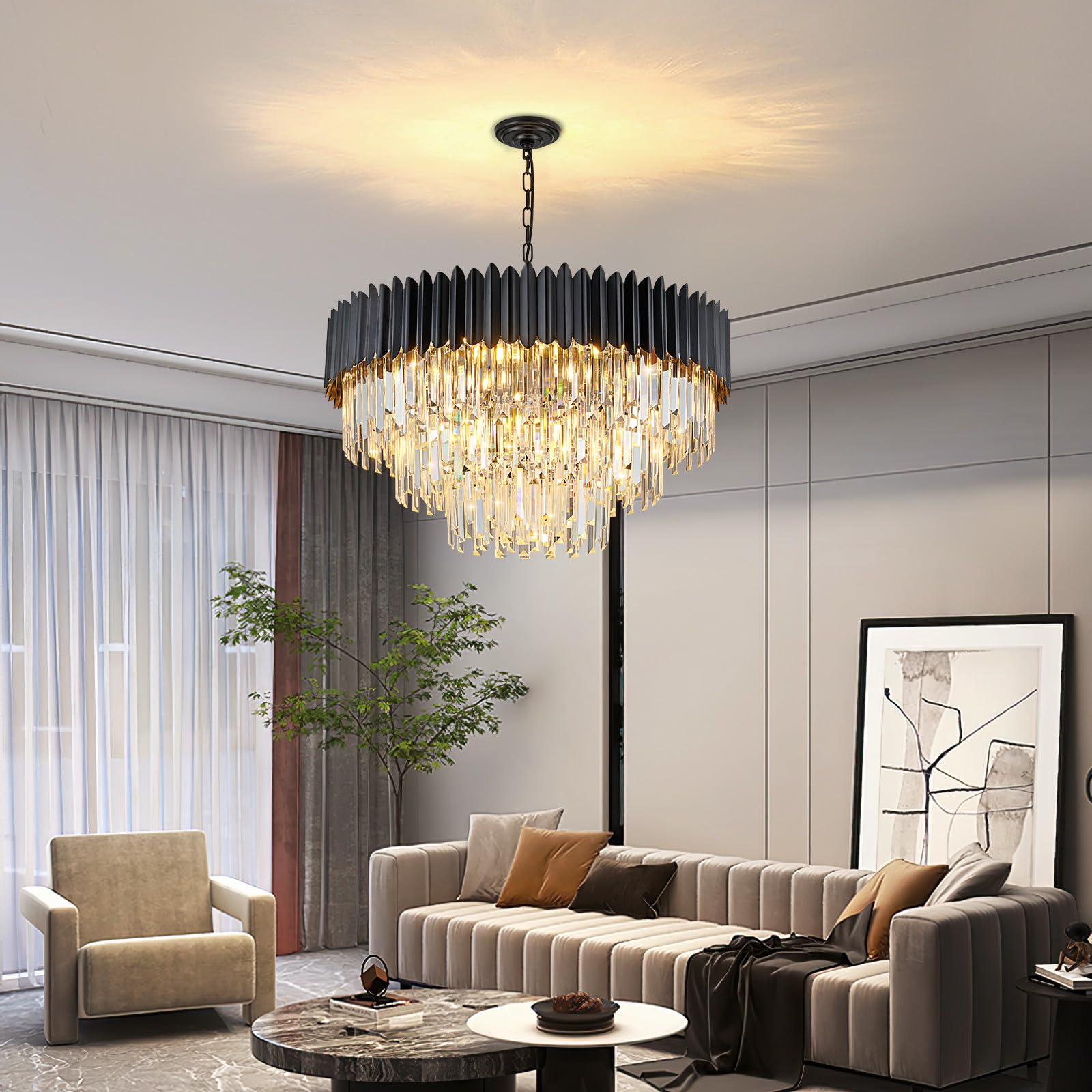 Moderna luce a sospensione di cristallo di lusso, lampadario di cristallo nero, 15xE14 Luce del lampadario a goccia Luce a soffitto a incasso per la sala da pranzo, Φ80cm