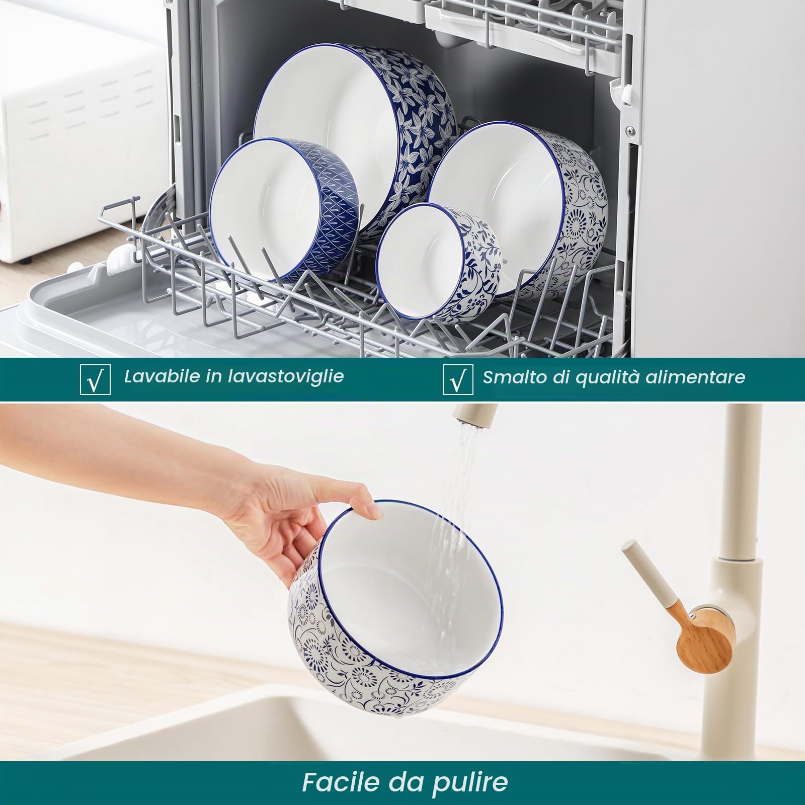 vancasso SELENE - Set di 4 Contenitori per Alimenti, Lunch Box in Ceramica, Contenitori per la Cucina, Ideali per cereali, insalate, zuppe, Utilizzabili in microonde e congelatore - Bianco e Blu