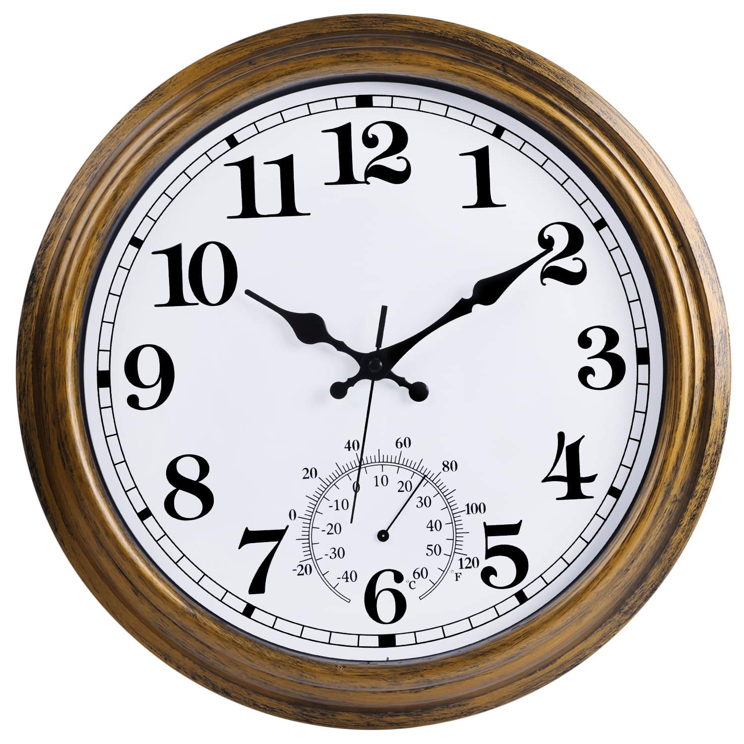 Photo 1 of 16 Inch Large Outdoor Clock, Retro Waterproof Indoor/Outdoor Clock Non-Ticking Clock with Thermometer, Battery Operated Wall Clock for Patio, Garden, Pool - Bronze