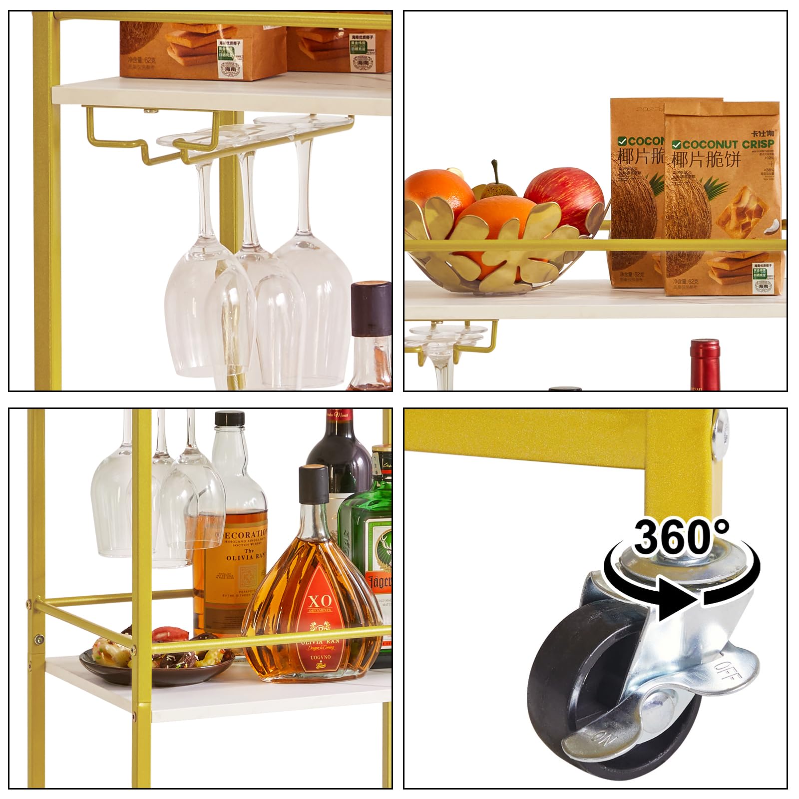 IBUYKE Chariot de Service de Bar à Domicile, Petit Chariot de Bar avec 3 Niveaux, étagère Mobile pour Boissons avec Supports à vin et Porte-Verres, Mini Bar pour extérieur, Blanc TMJ519W