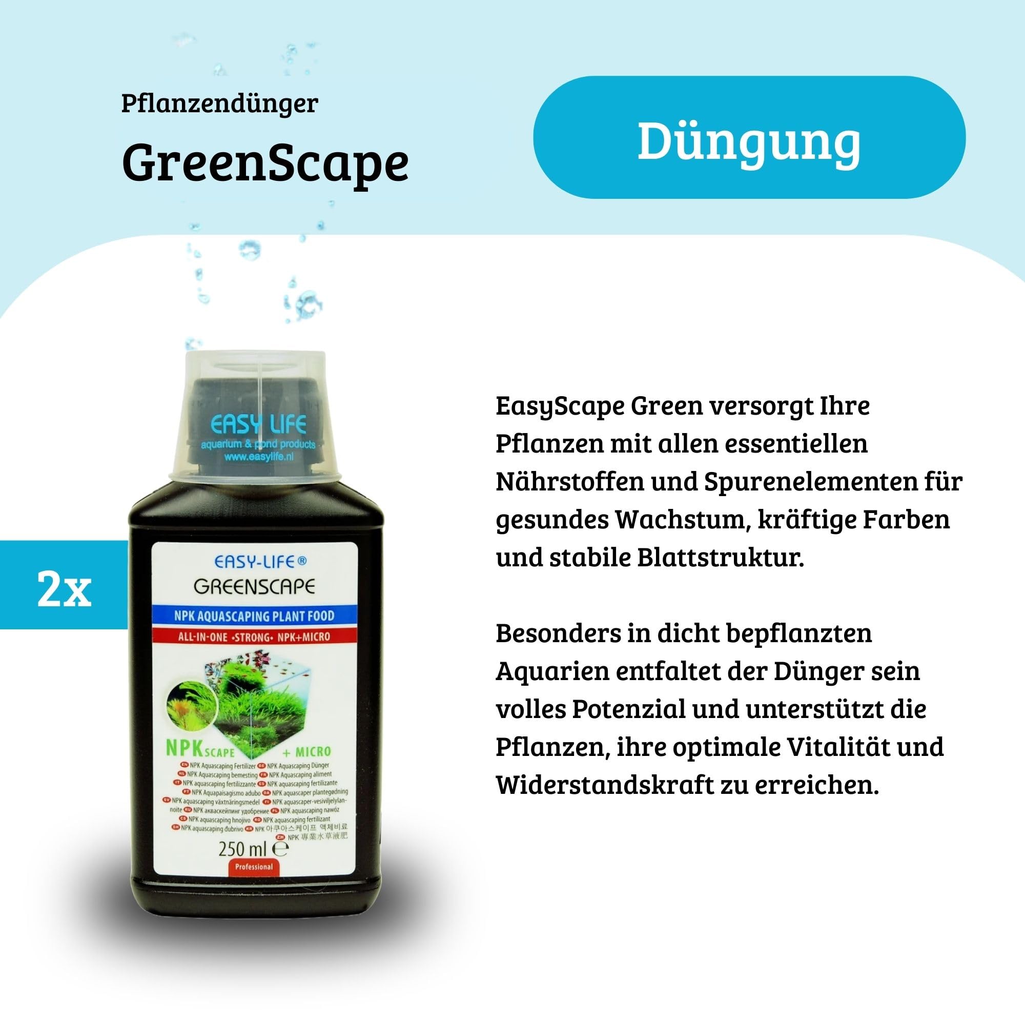 Easy Life GreenScape 2er Pack – 2×250 ml NPK Flüssigdünger für Aquarienpflanzen, fördert gesundes Wachstum & kräftige Blätter, mit Spurenelementen, einfache Anwendung, fischsicher